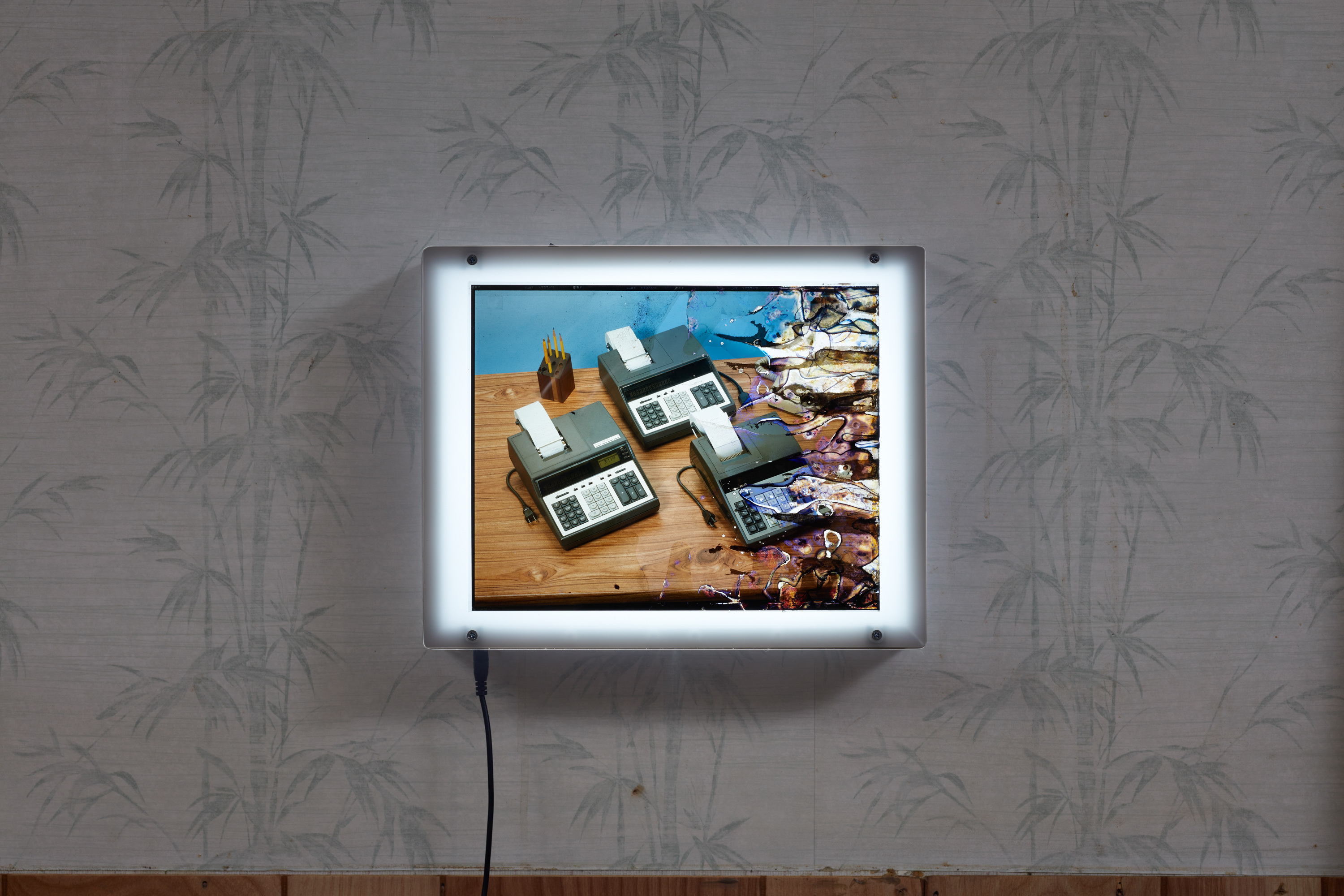 Ruyell Ho, selected flood-damaged 8x10 inch color transparencies from Communigrafix  Photographic Studios, Chicago, Illinois, circa 1982, acrylic, Port-a-Trace lightboxes