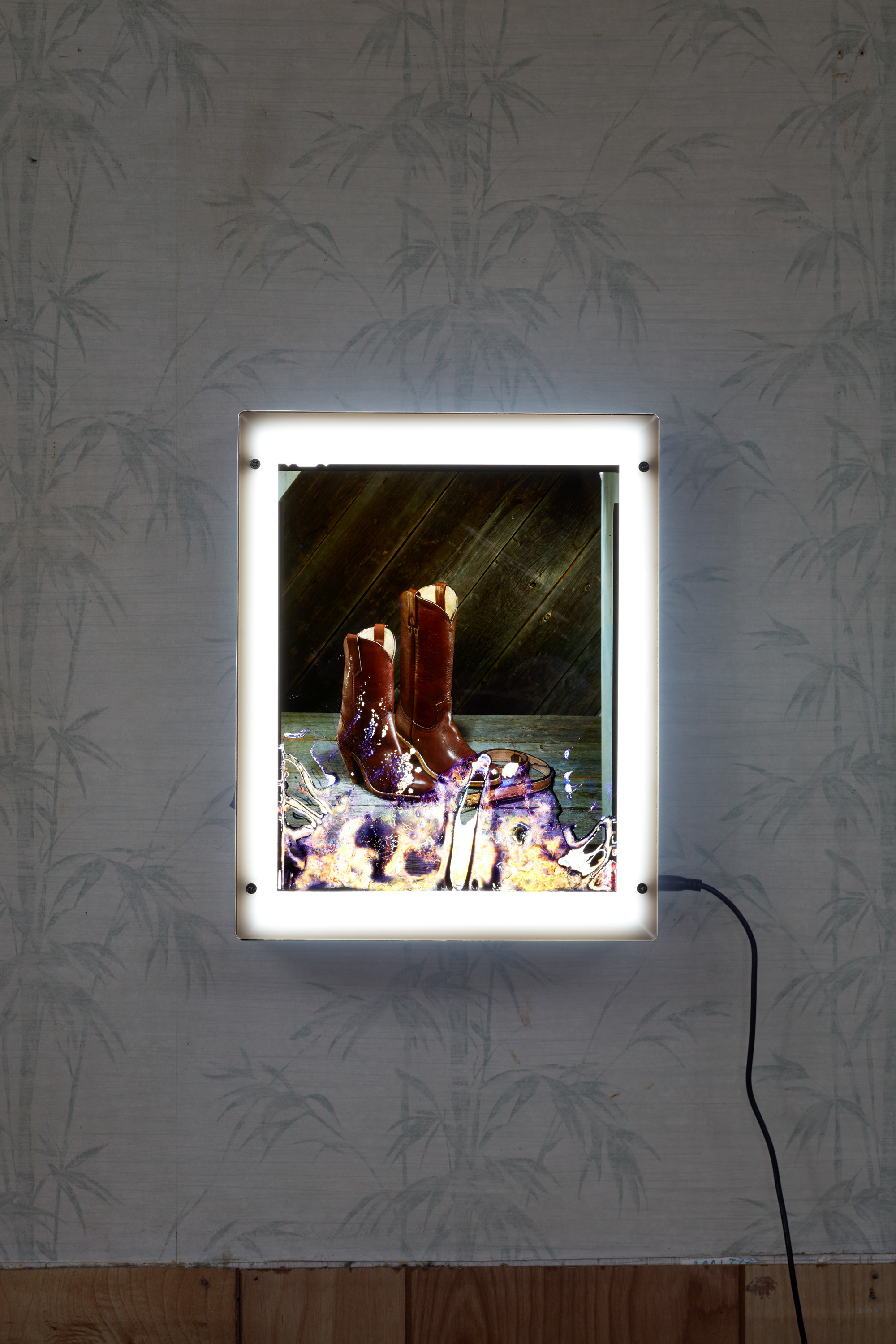 Ruyell Ho, selected flood-damaged 8x10 inch color transparencies from Communigrafix  Photographic Studios, Chicago, Illinois, circa 1982, acrylic, Port-a-Trace lightboxes