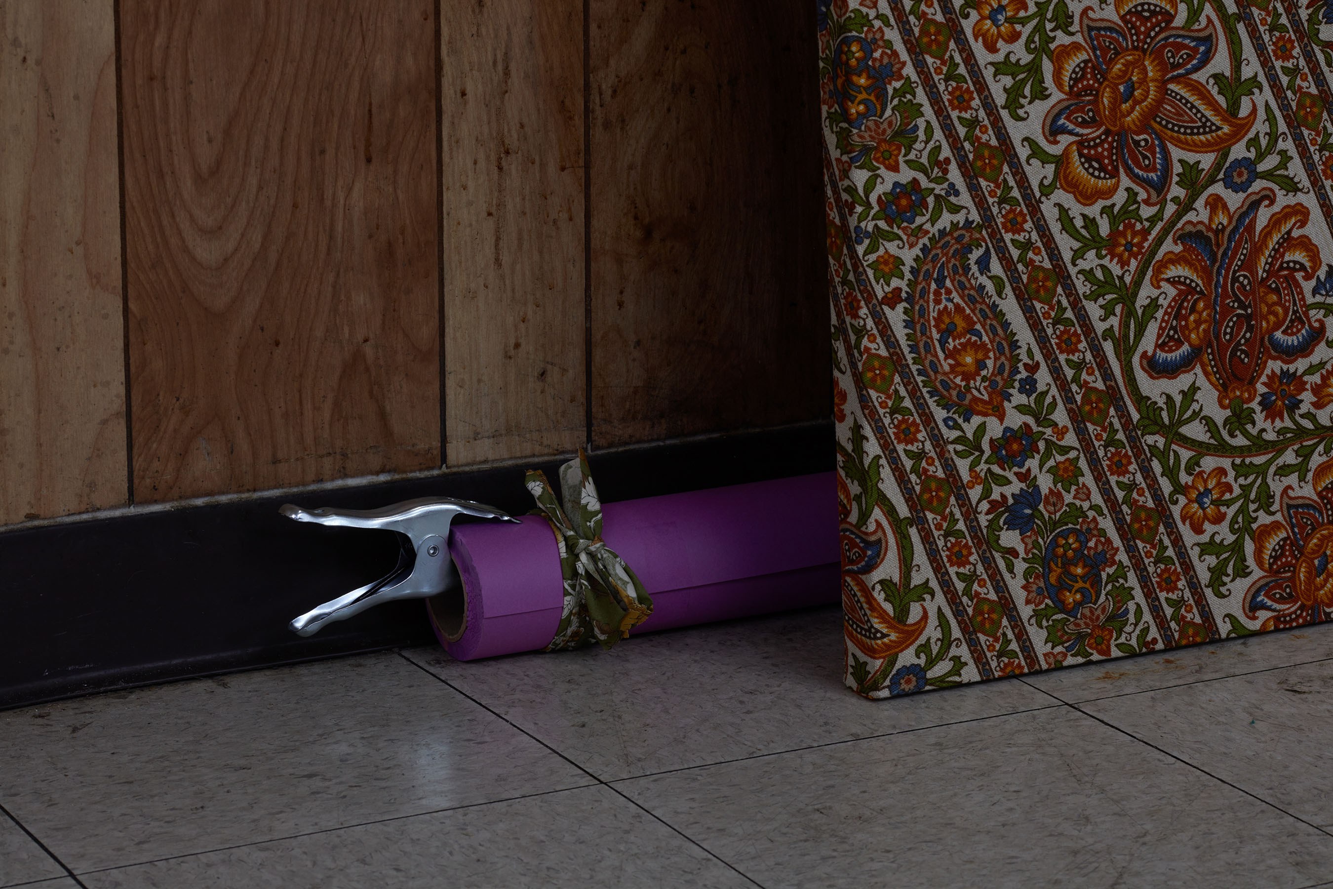 Amanda Ross-Ho, Hollow core doors, vintage fabrics, Savage Widetone seamless background paper, aluminum thumbtacks, Jorgensen clamps, safelights, gallon jugs, water