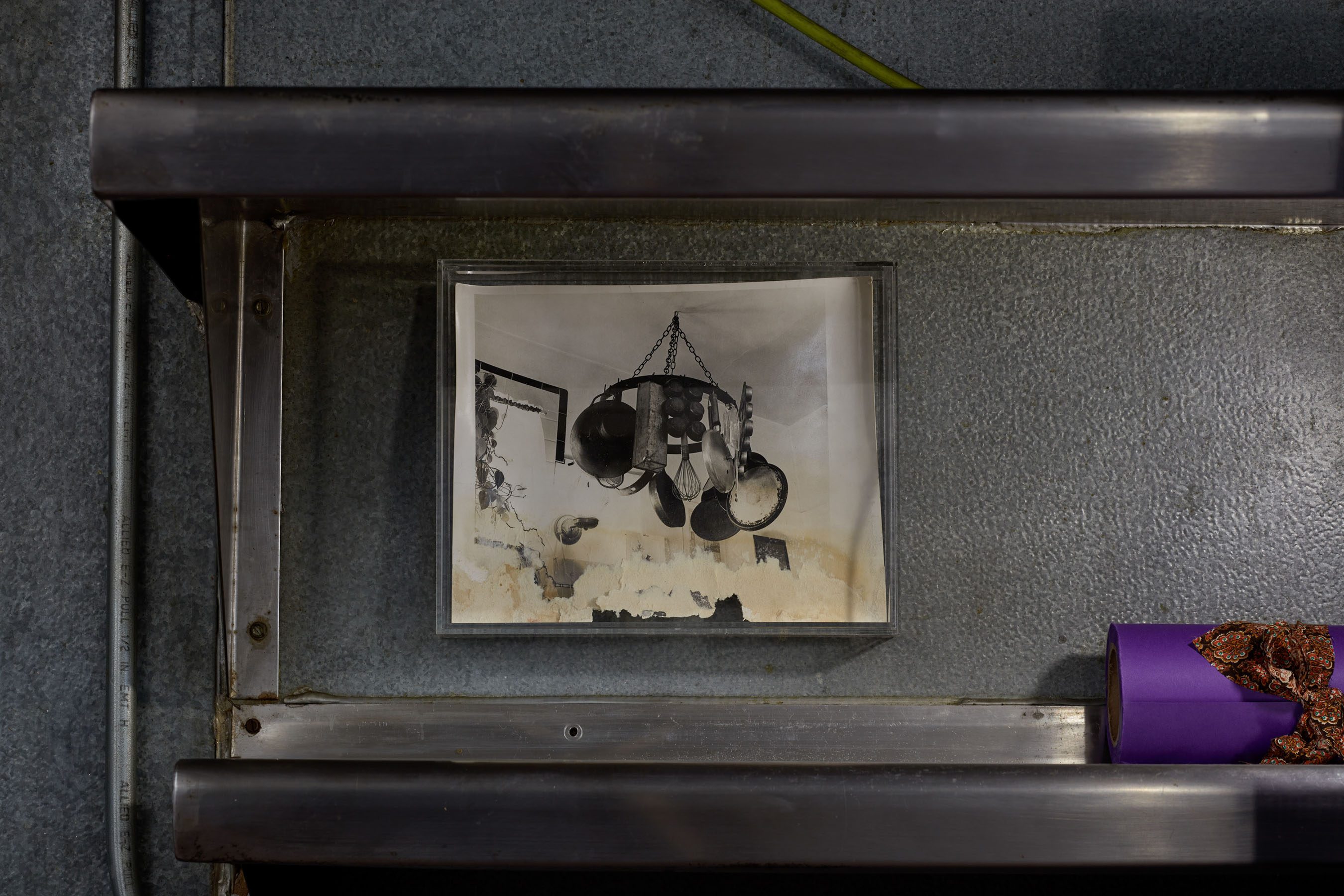 Laurel M. Ross, selected flood-damaged silver gelatin prints from the series “Places In My House,” circa 1982, acrylic shadowboxes