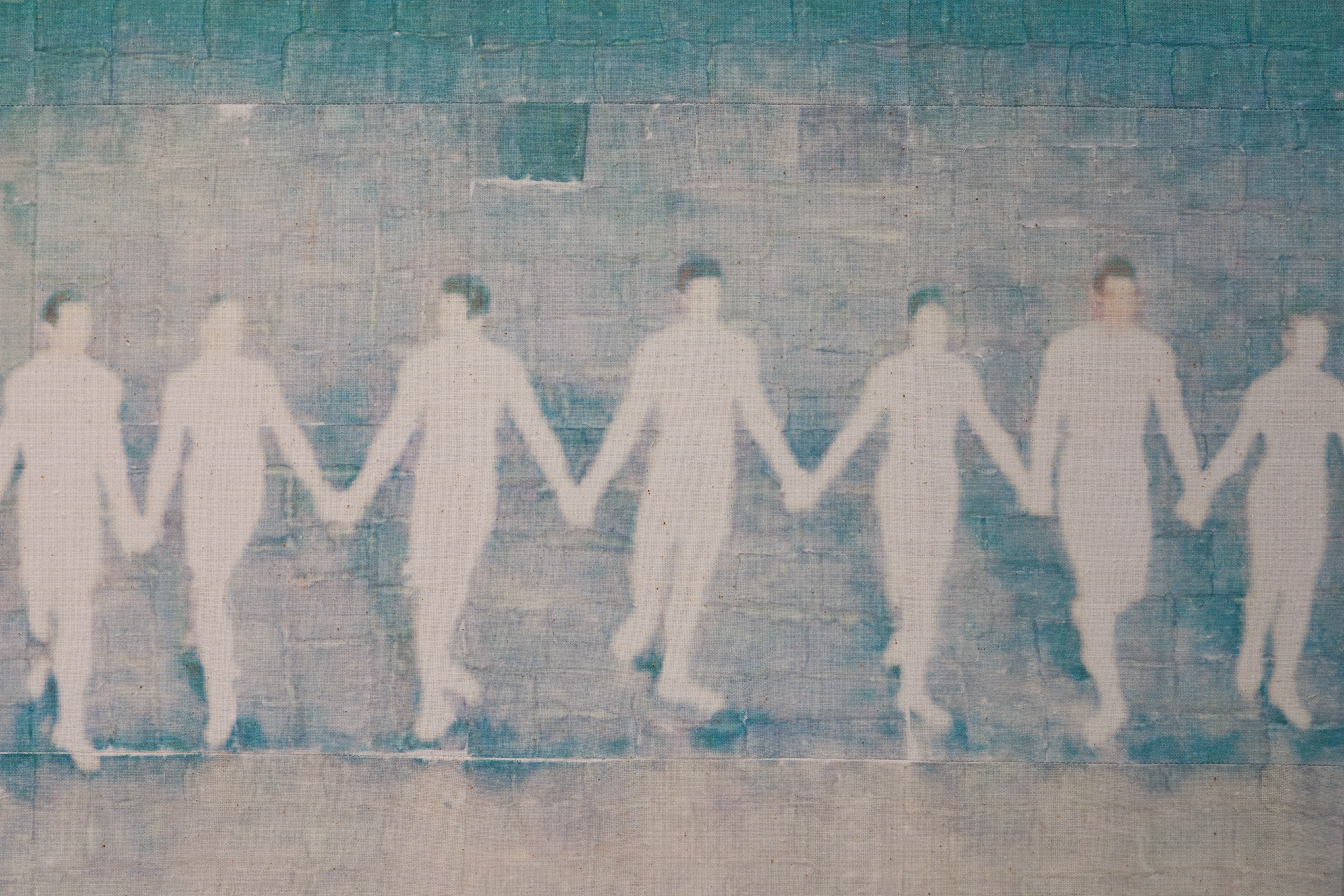 Sasha Kupriyanov, “I forgive”, 2026, hemp fabric, photo transfer, 104 x 161 cm, details