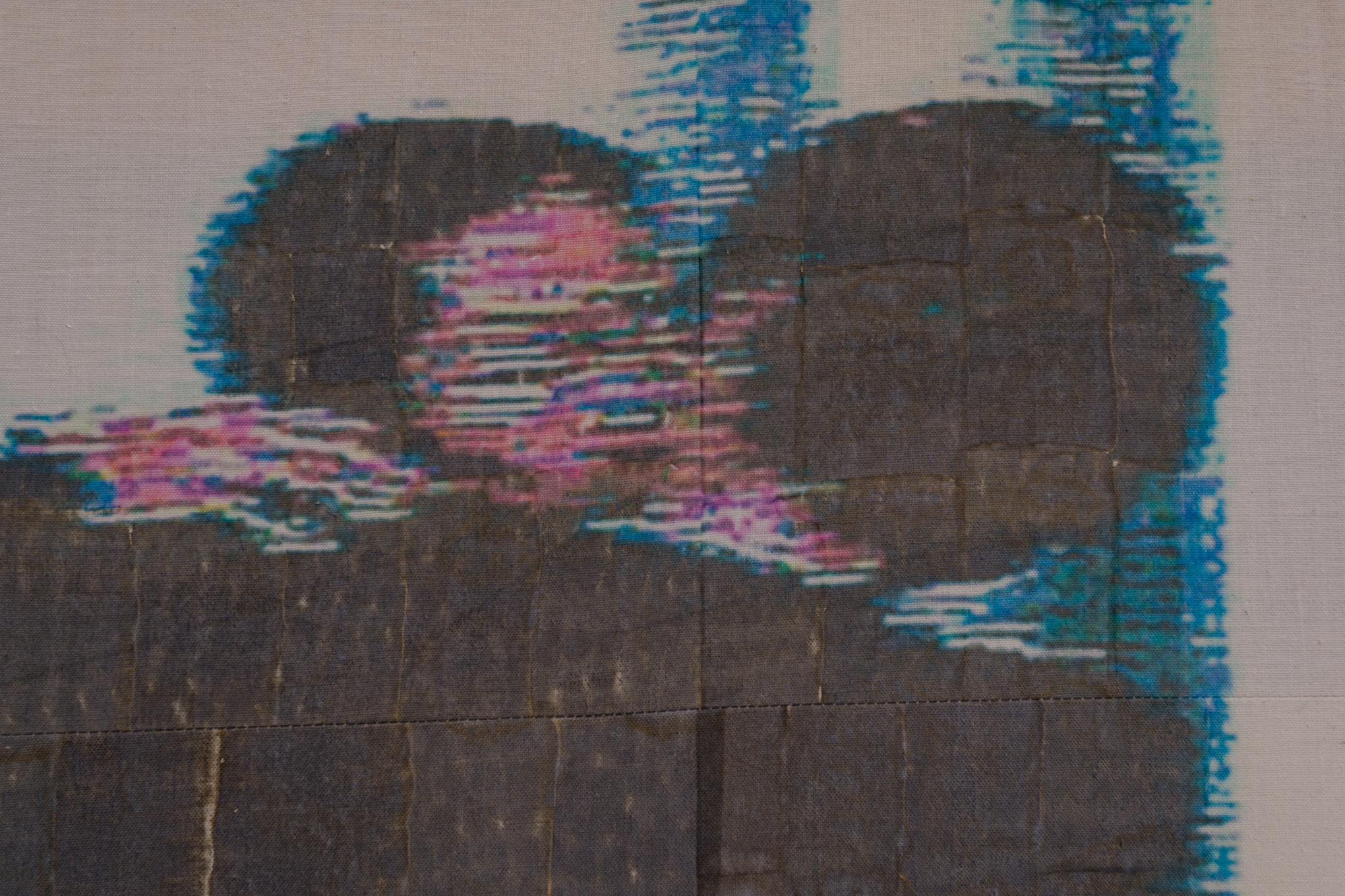 Sasha Kupriyanov, “If I knew”, 2026, hemp fabric, photo transfer, 63 x 123 cm, details