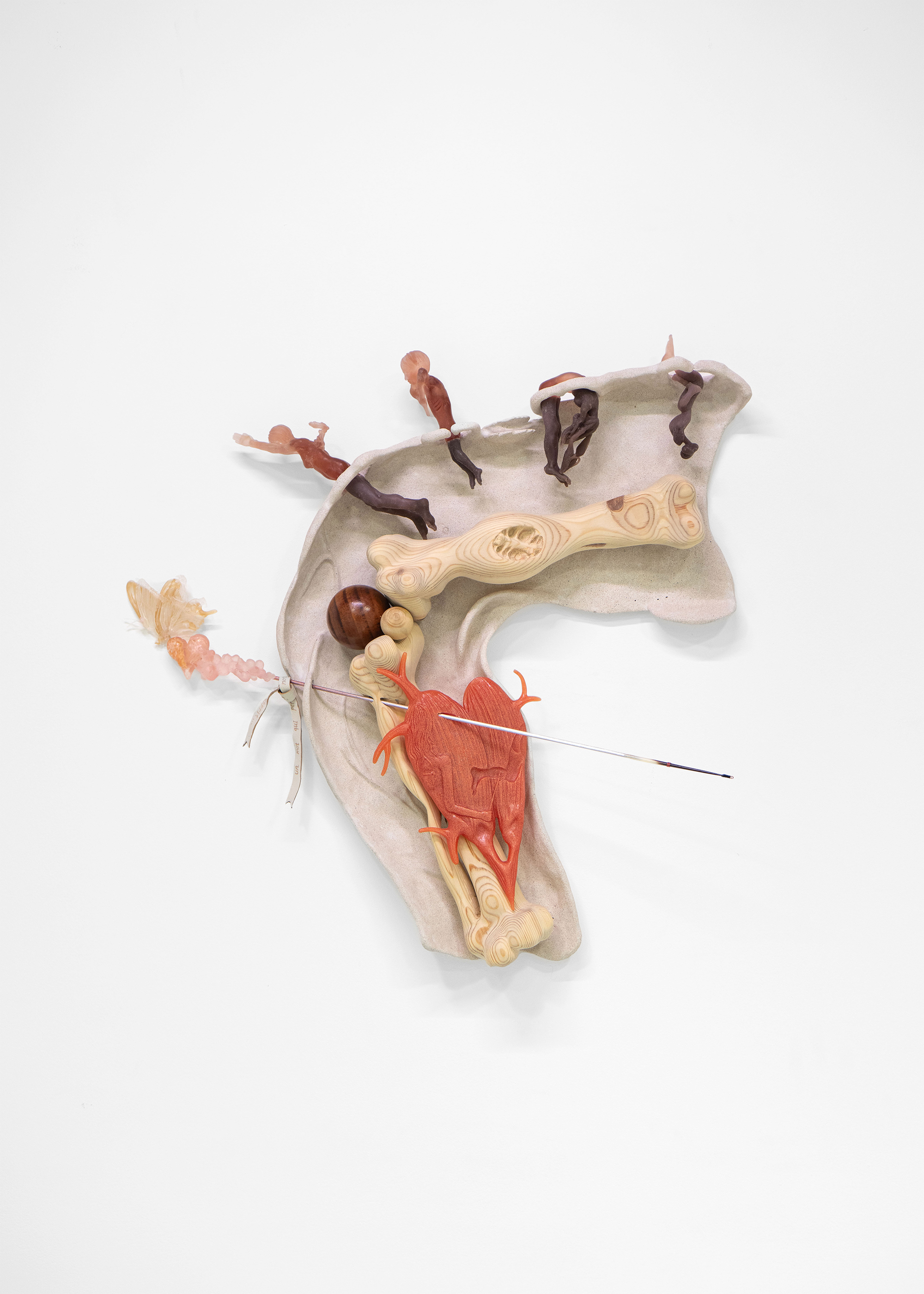 Hyewon Mia Lee, Penetration of Psyche into the virgin Cupidonne, 2025, 55,5 x 57 х 13 cm, Jesmonite, wood, epoxy resin, silicone, wood jack, acrylic, knitting needle, feather's tip, leather, crab shel, oyster shell 