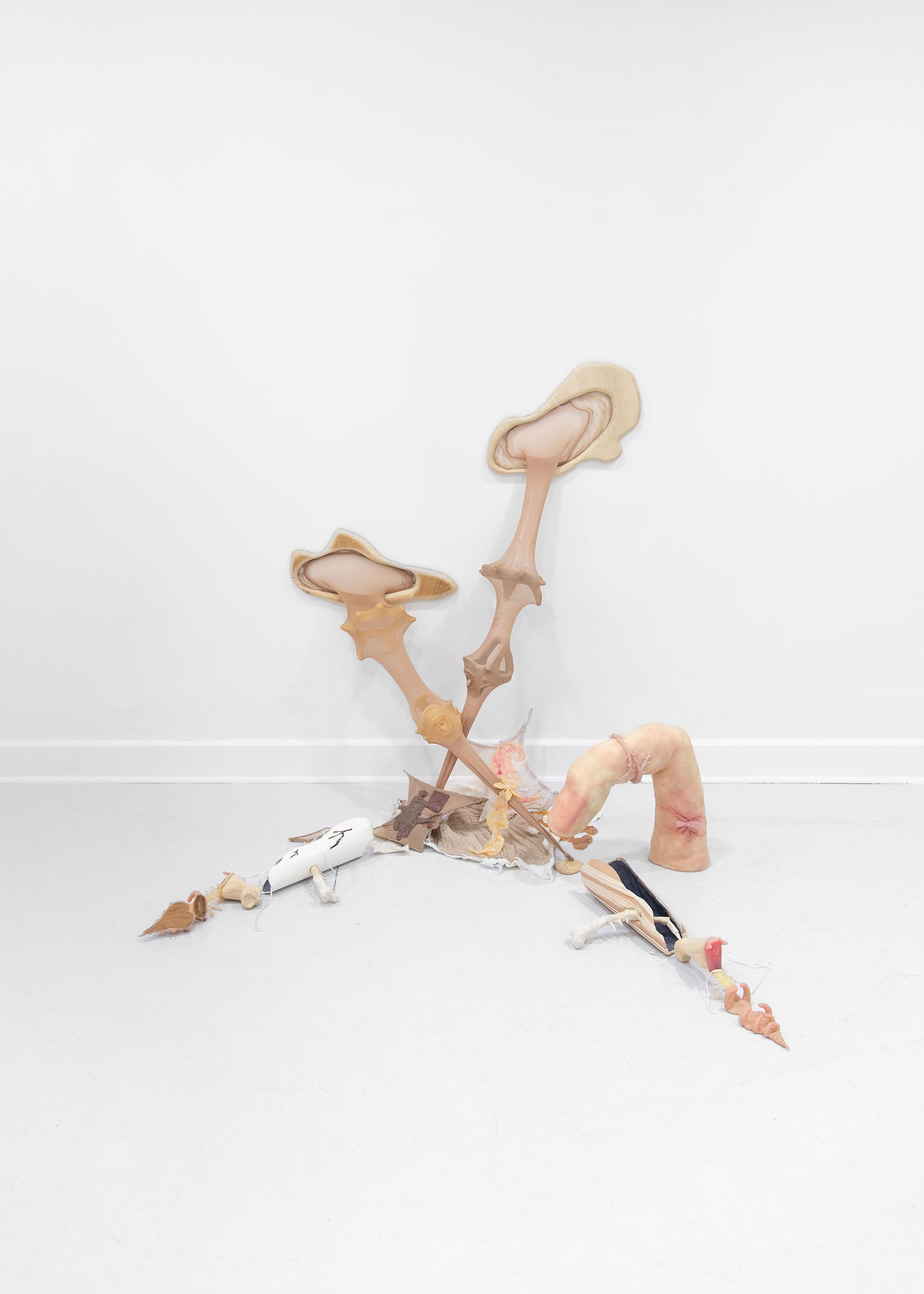 Hyewon Mia Lee, A and B then Schrödinger's spider, 2025, 120 х 149 х 134 cm, Wood, tights, epoxy resin, acrylic, washers, hook, wire, PU foam, silicon, latex, glazed ceramic, aluminium sheet, leather, satin, fabrics.