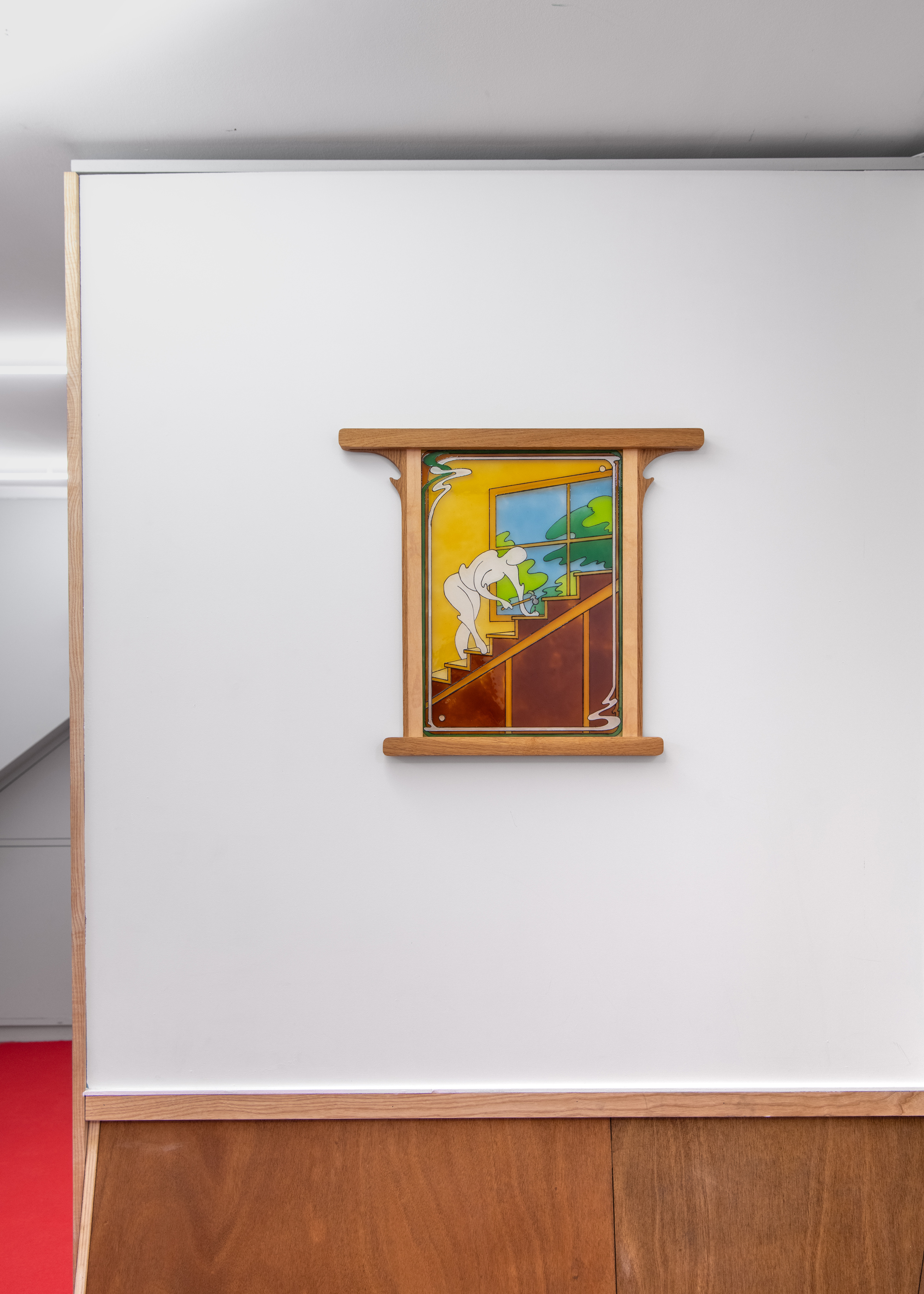 Eliott Paquet, Une vie simple (hommage à William Morris), 2022, 50 x 46 x 2 cm, Oak, sycamore, glass, stained glass paint 