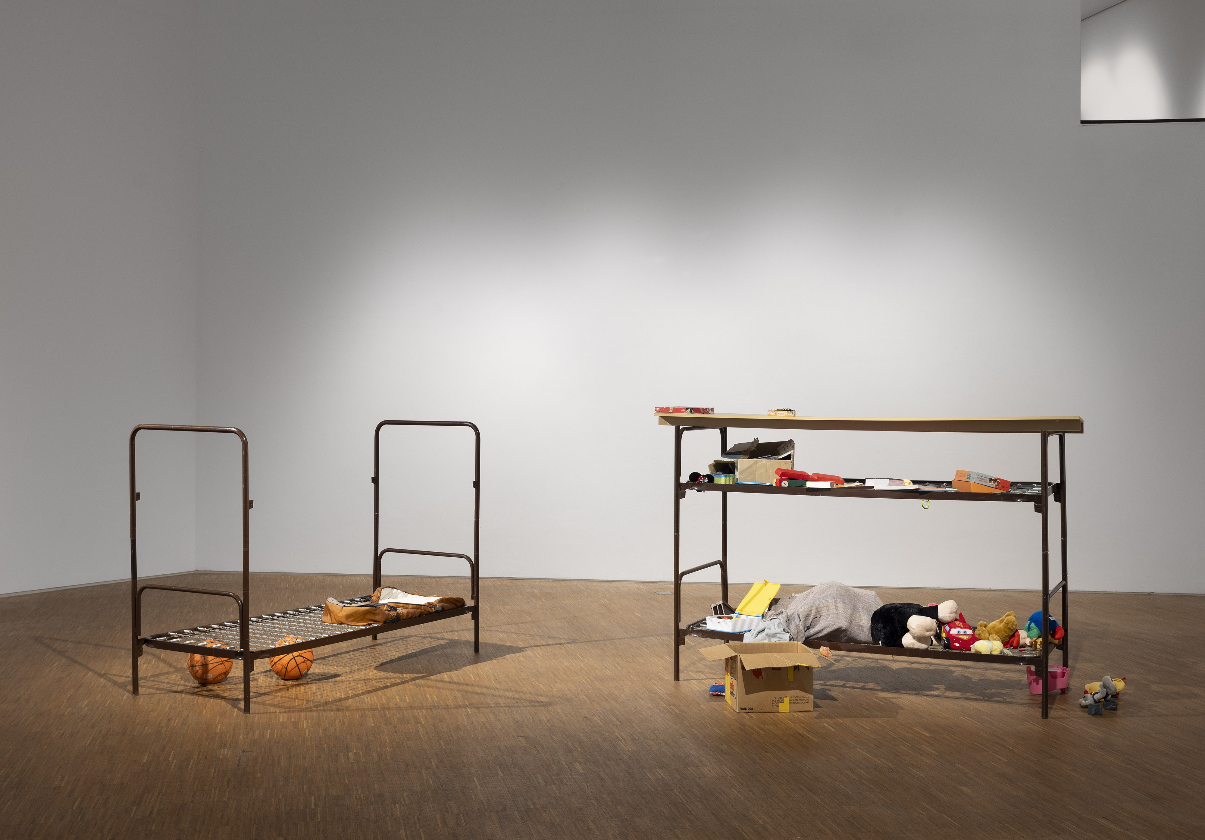 Thomas Rentmeister, Two ball total equilibrium cot & Elbisbach double decker cot, both 2018