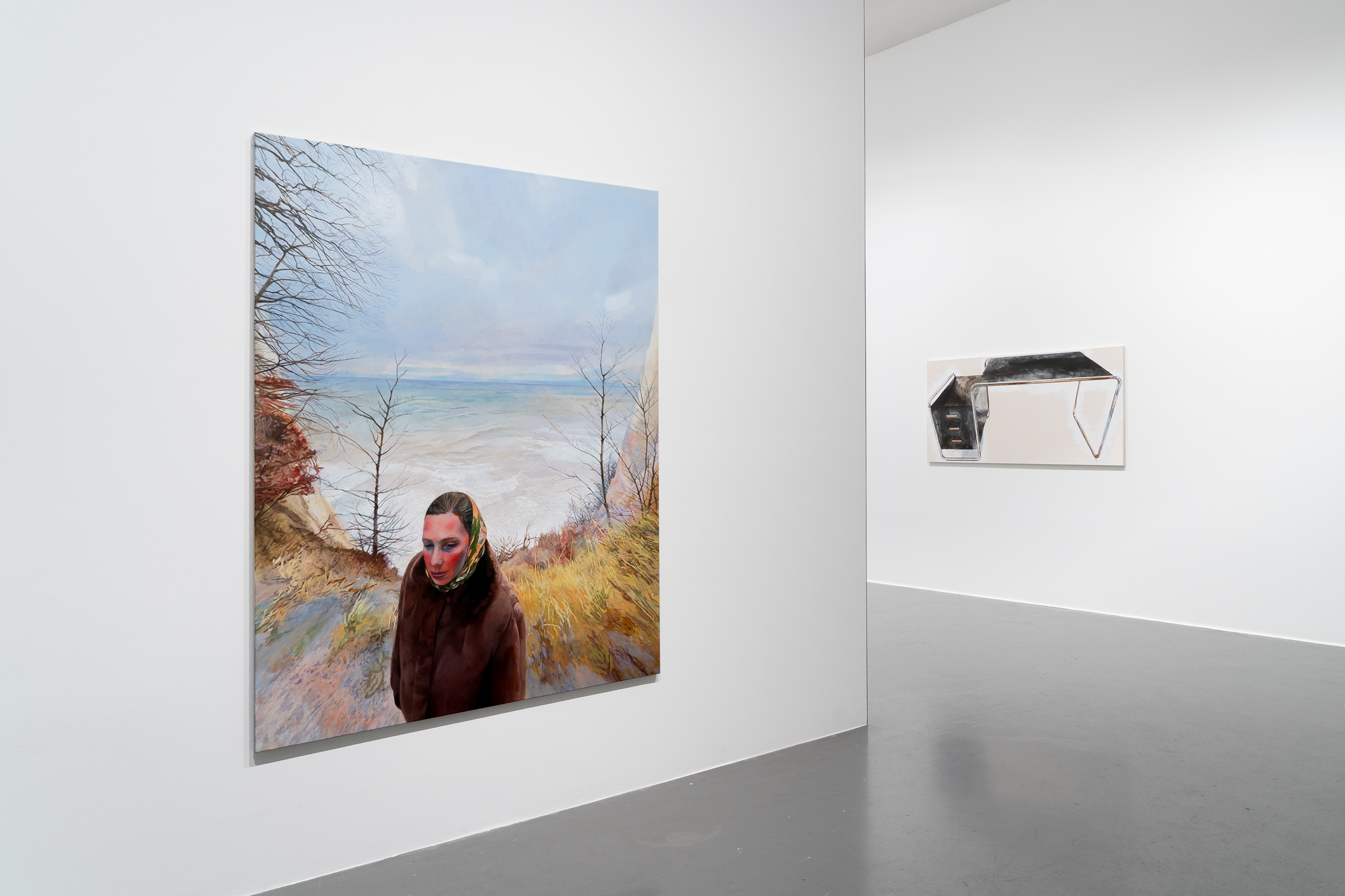 Lin Olschowka S 285/1 with one tree, 2026 acrylic on canvas 80 x 170 cm and Jailed First 2, 2026 acrylic on canvas 198 x 149 cm