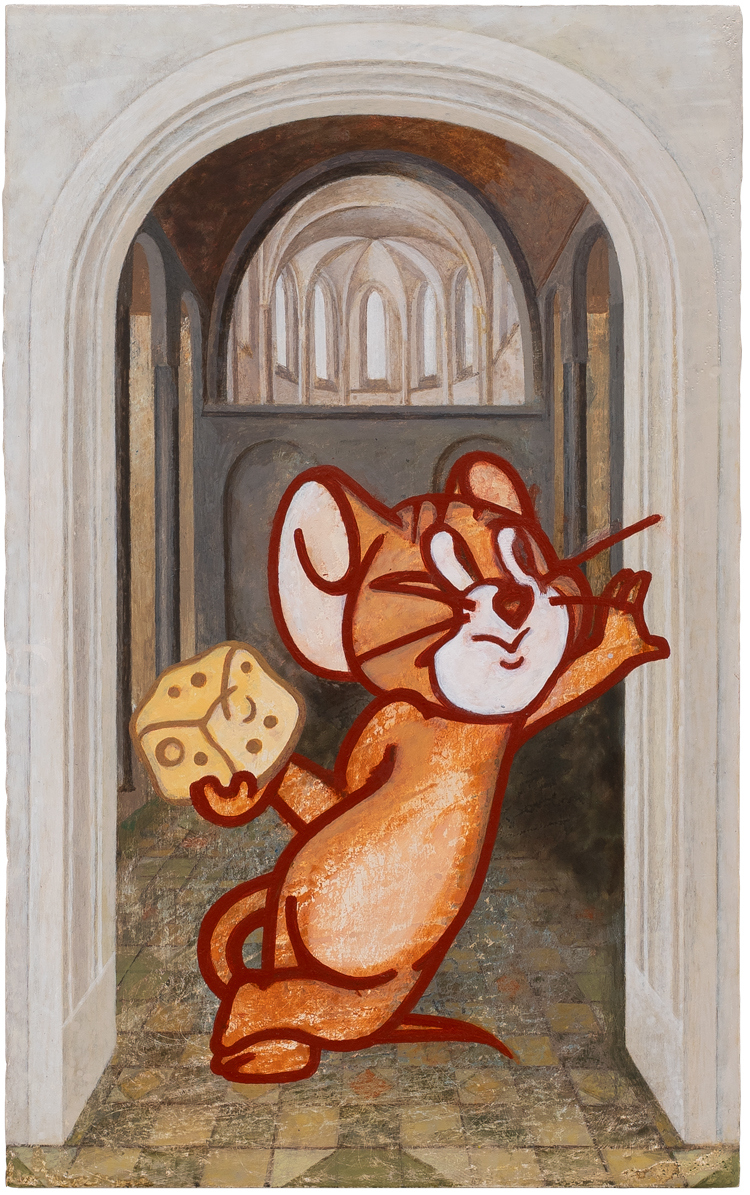 Lin Olschowka Mäuseloch 2, 2026 acrylic on chalk on wood 17 x 10,5 cm