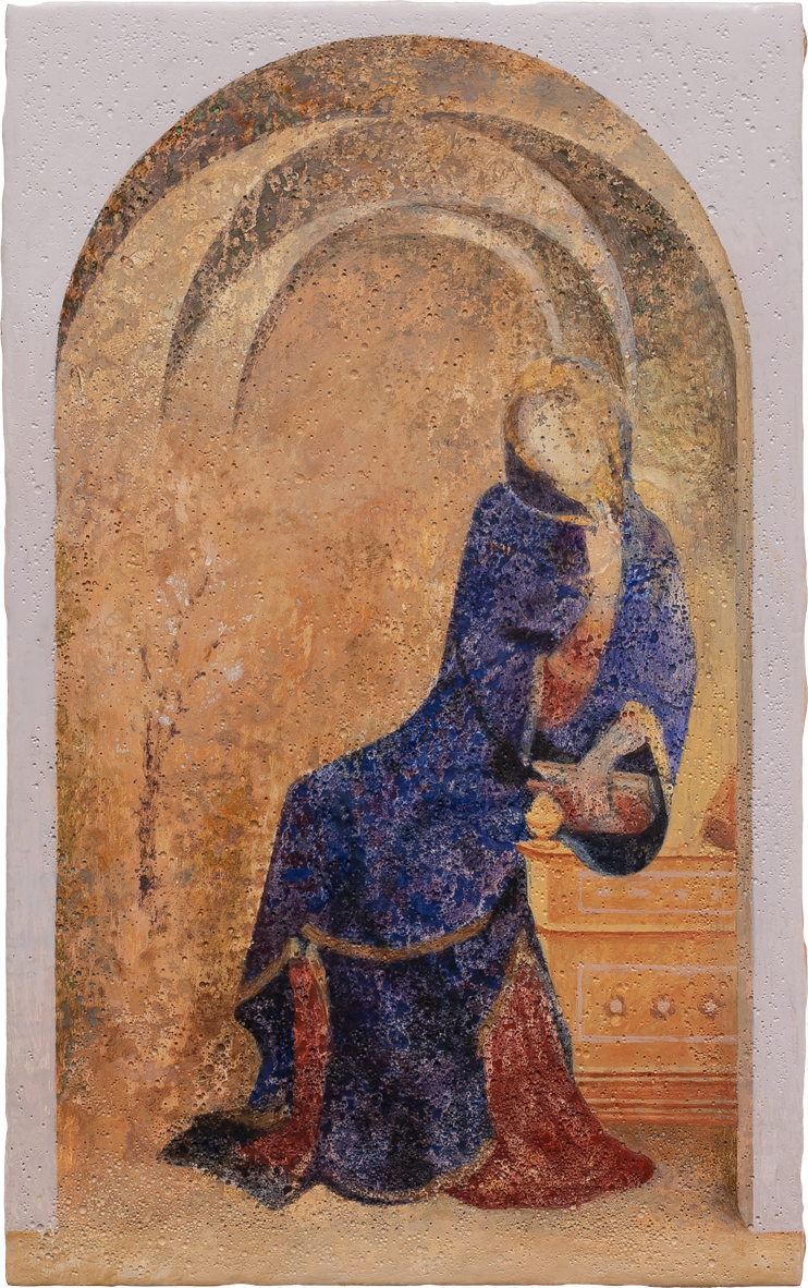 Lin Olschowka Mäuseloch 1, 2026 acrylic on chalk on wood 17 x 10,5 cm