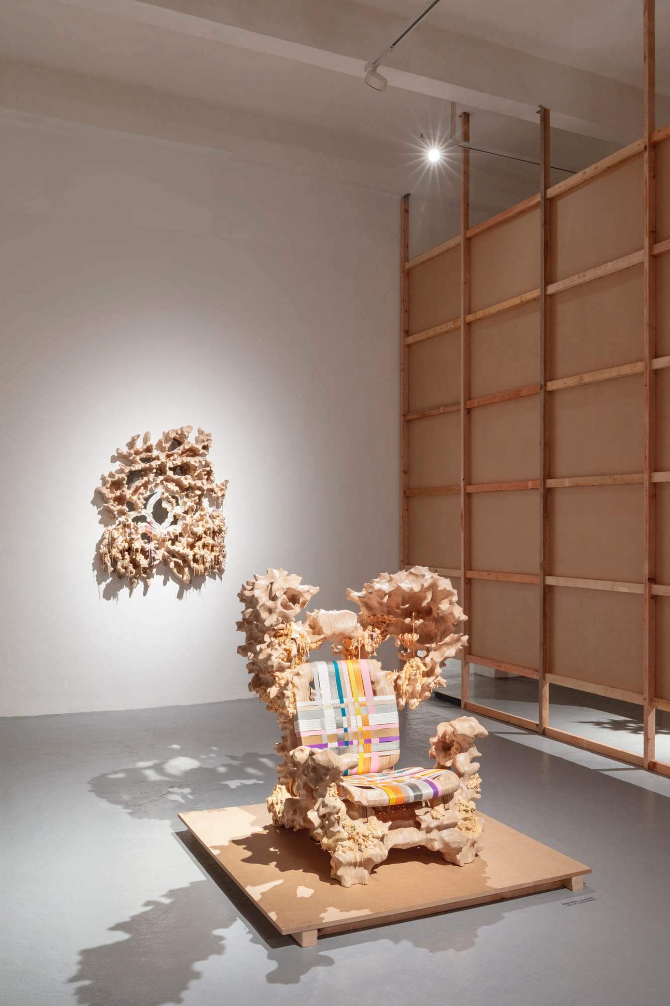 Armchair (series The Metamorphosis), 2021; Mirror, 2023; exhibition view from It Grows With You, 2026, MeetFactory