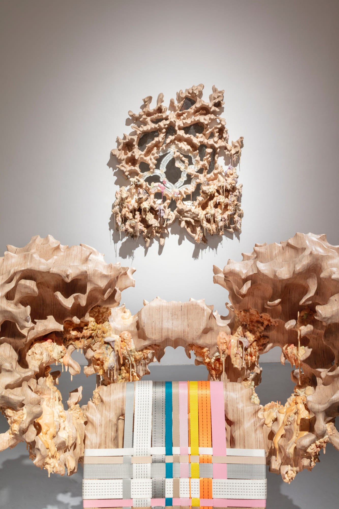 Armchair (series The Metamorphosis, detail), 2021; Mirror (series Fading Re ection), 2023; exhibition view from It Grows With You, 2026, MeetFactory