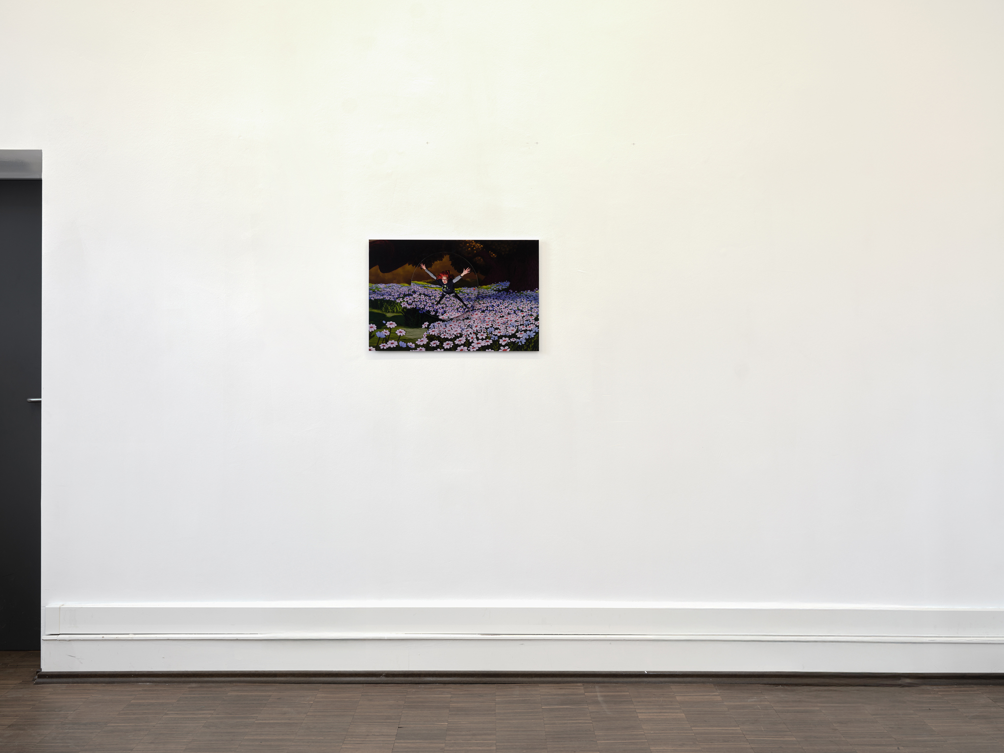 installation view, Milena Wojhan, Hero #1, 2025, inkjet print on alu dibond with spinnable wheels, lazy susan, bicycle valve, 42 x 64 cm