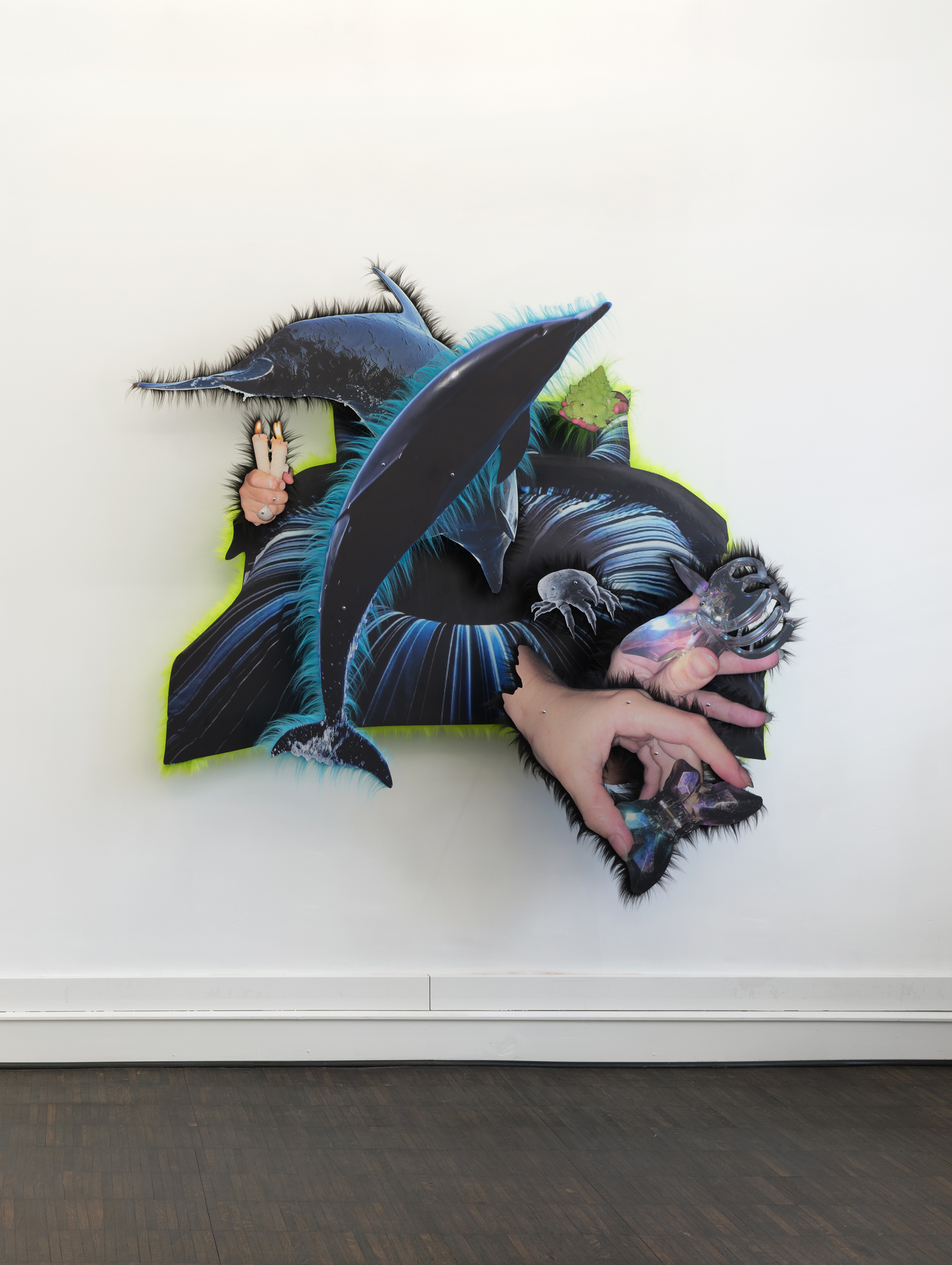 installation view, Iris Helena Hamers, Inherent Deep Meaning, 2026, UV print on alu dibond, aluminum, steel, faux fur, 180 x 190 x 45 cm