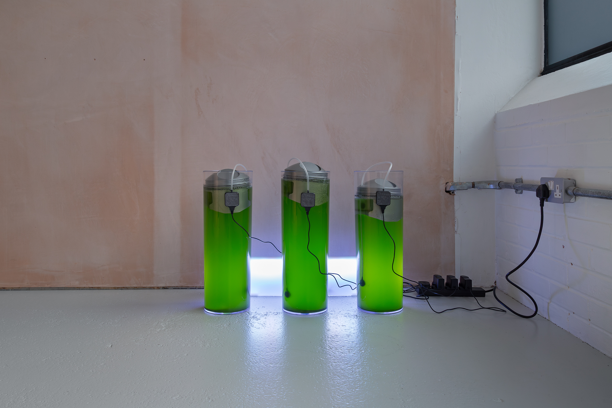 Primary Productivity, 2026. Chlorella vulgaris phytoplankton, water, grow lamp, aerators, PLA, acrylic, automotive paint. Anna Usadi