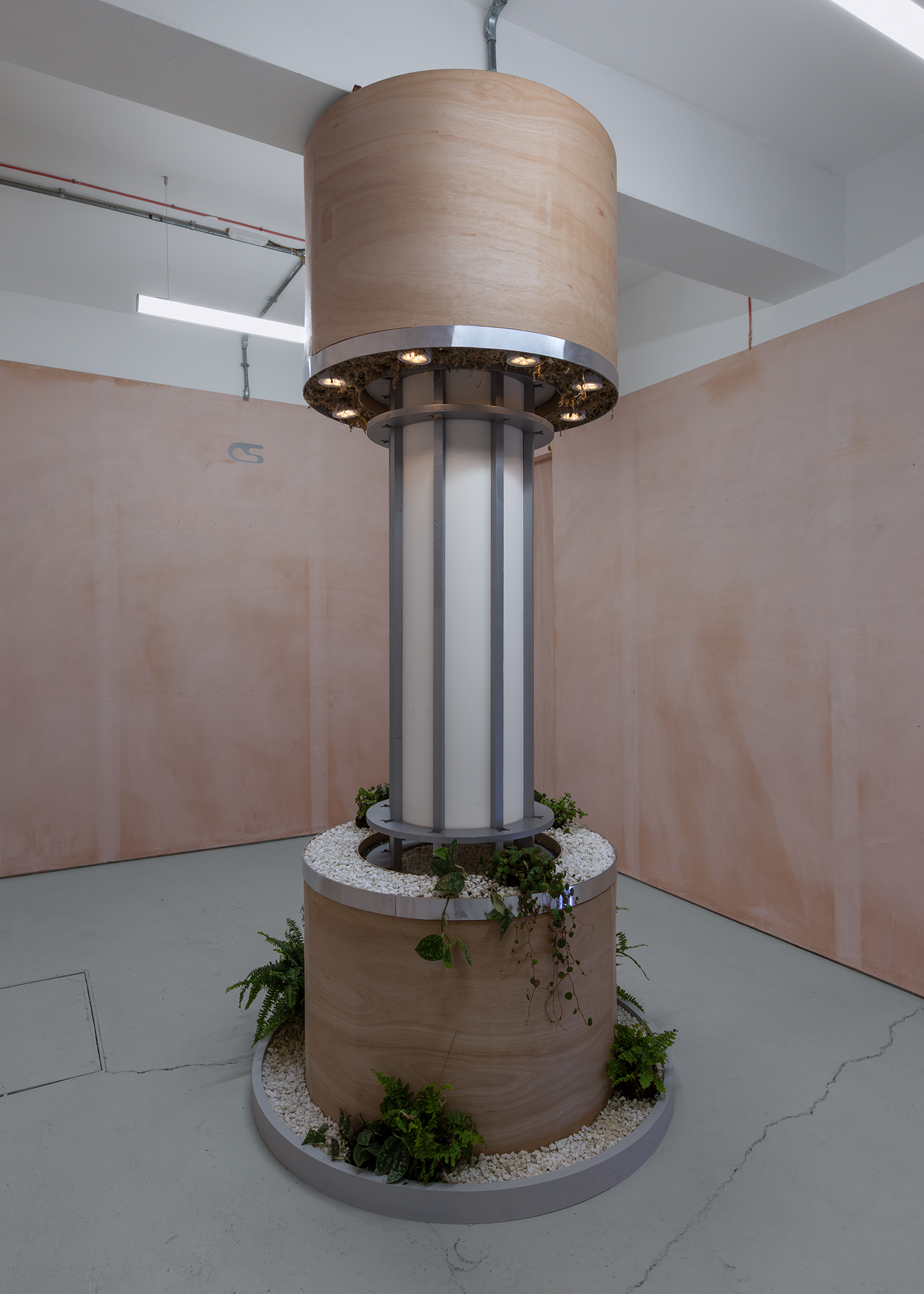 SYNERGYTM Prototype for Atmospheric Regeneration Column , 2026. Plywood, plants, moss, gravel, aluminium, Sound by Nick Rainey. Emma Papworth