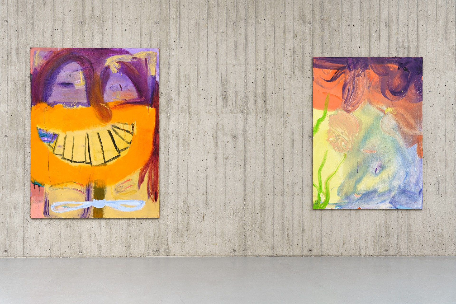 Left: Just Smile, 2019, 200 x 150 cm, Right: Pollinators, 2025, 180 × 130 cm, Photo: Jana Buch