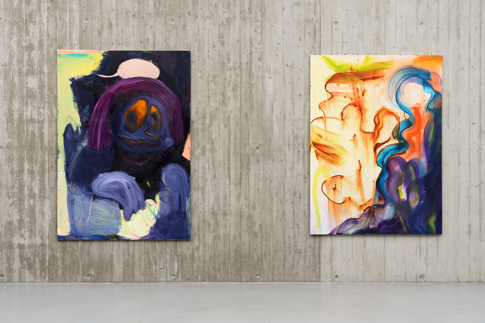 Left: Out of the Dark, 2018, 200 x 140 cm, Right: Inner Growth, 2025, 190 x 140 cm, Photo: Jana Buch