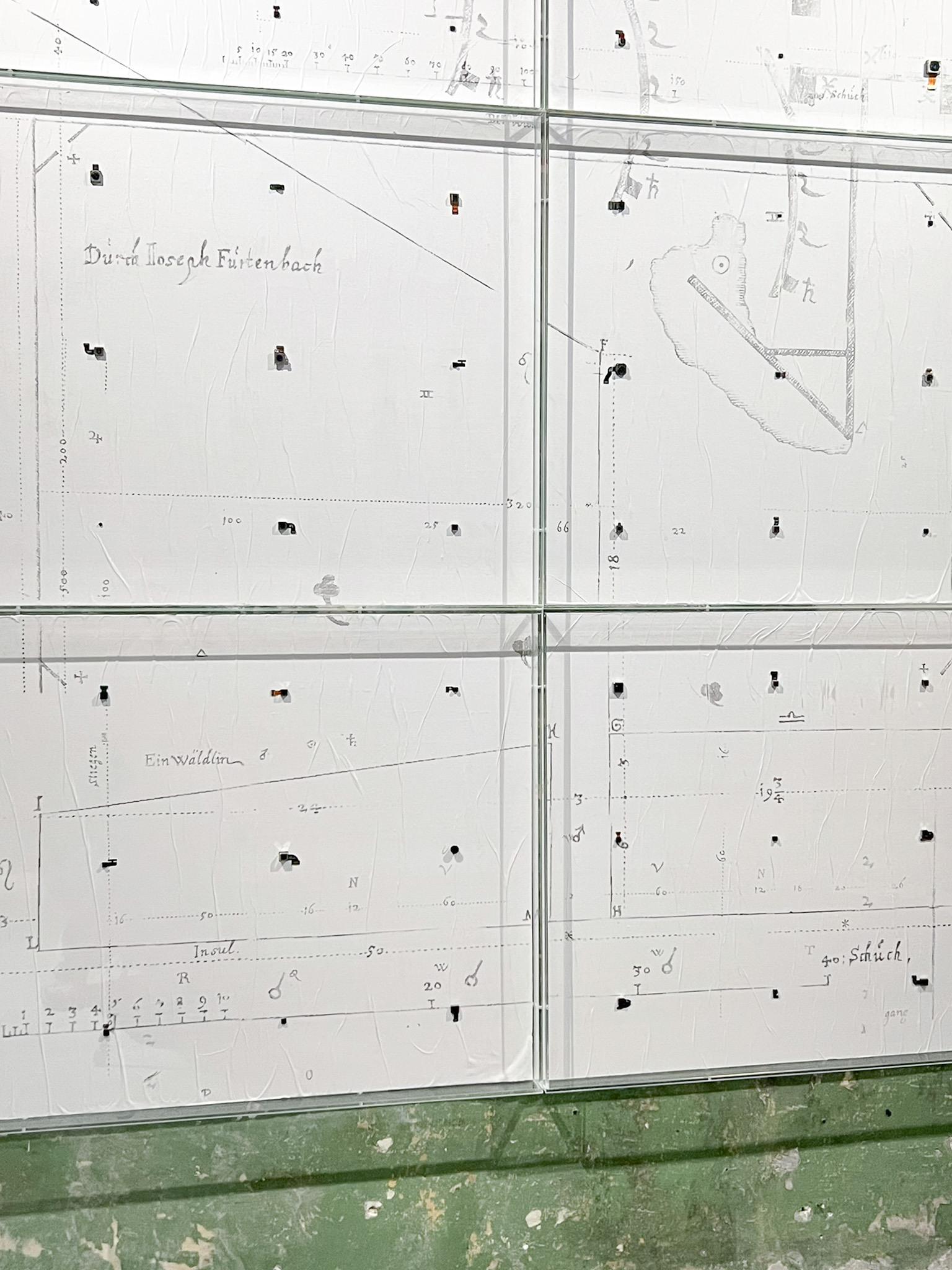 Theater as Machine (2026) Architectual drawings: Theatrum Machinarum, digital cameras, tracing paper, acetone transfer, acrylic frames 169,4 x 180 x 4 cm