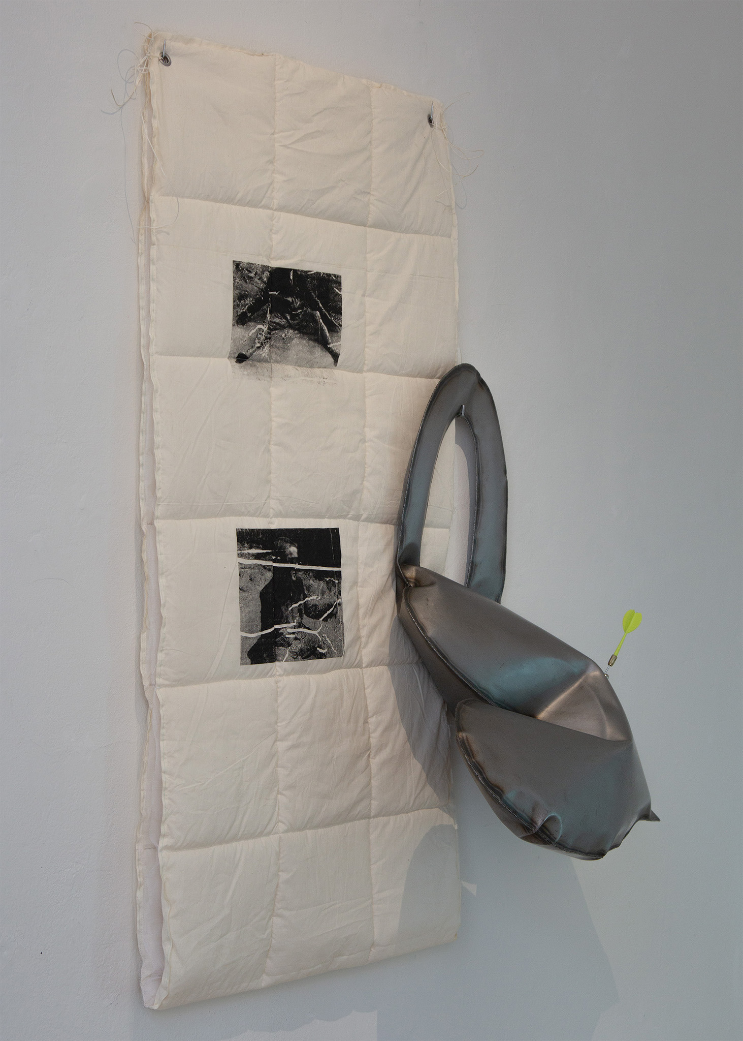 Hanna Kučera, heart to go, 2026, 120 x 100 x 33 cm, Players: steel, silkscreen prints on textile, tulle, cotton wool, text on paper, magnets, dart