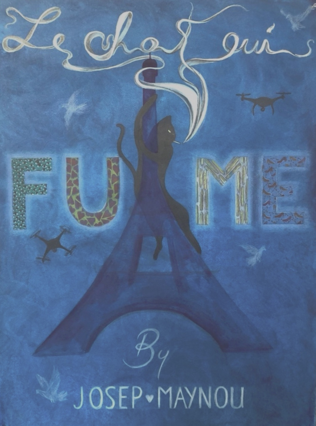 Josep Maynou, Le Chat Qui Fume (fronte), 2020, mixed media on paper, 100 x 70 cm