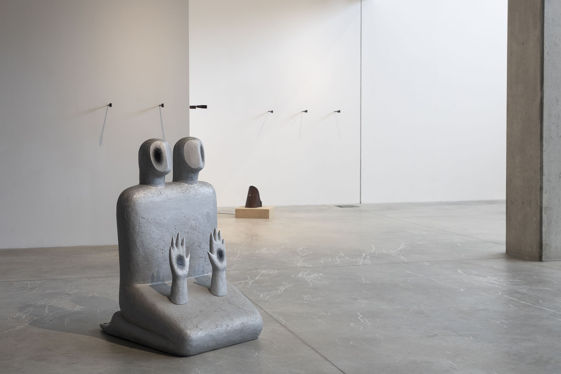Unconscious Paradises – exhibition view – Sabina Knetlová – Two guardians, 2025, coloured concrete, 110 x 65 x 80 cm, Kateřina Šantrochová – I love horses, 2026, installation