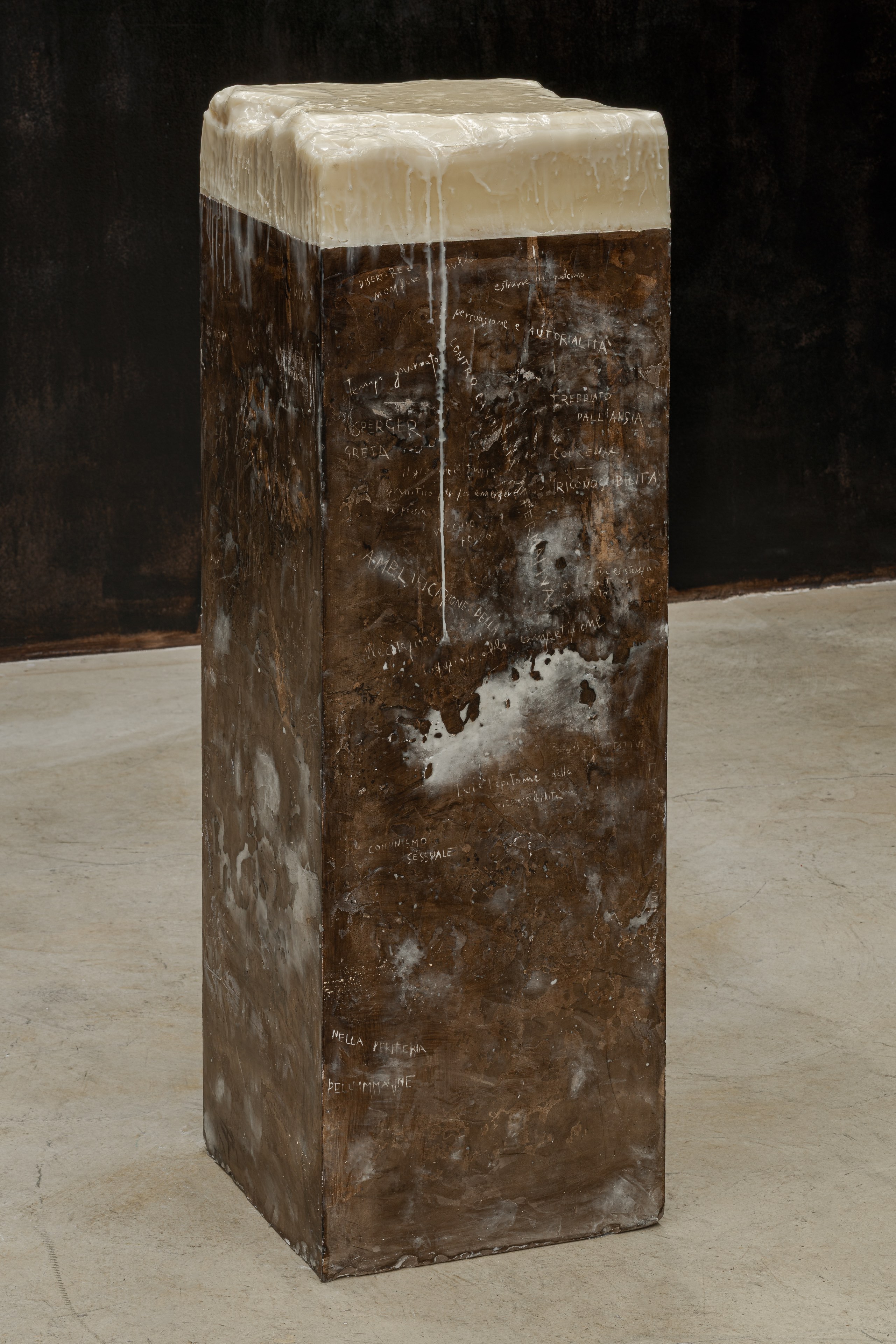 KINM010 - KINM010a - KINM010b Nicola Martini, Sippe (Alessandro, Jacopo), 2026 Microcrystalline wax, bitumen, plaster, 35 x 106 x 106 cm