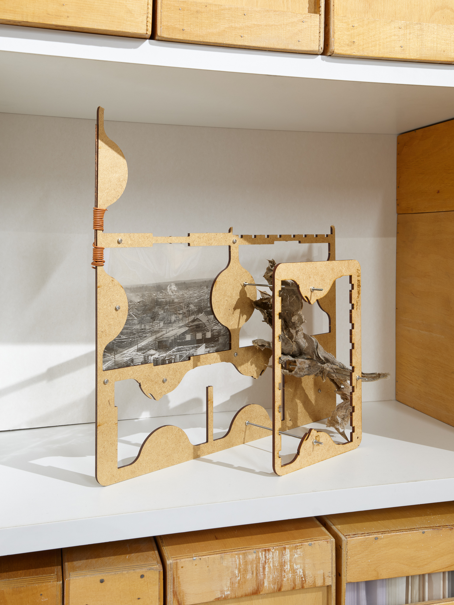 Kasper Lecnim, Irmina Rusicka, Untitled, 2026, MDF board, foil print, thistle, coated copper wire, steel, 30 x 30 x 11 cm