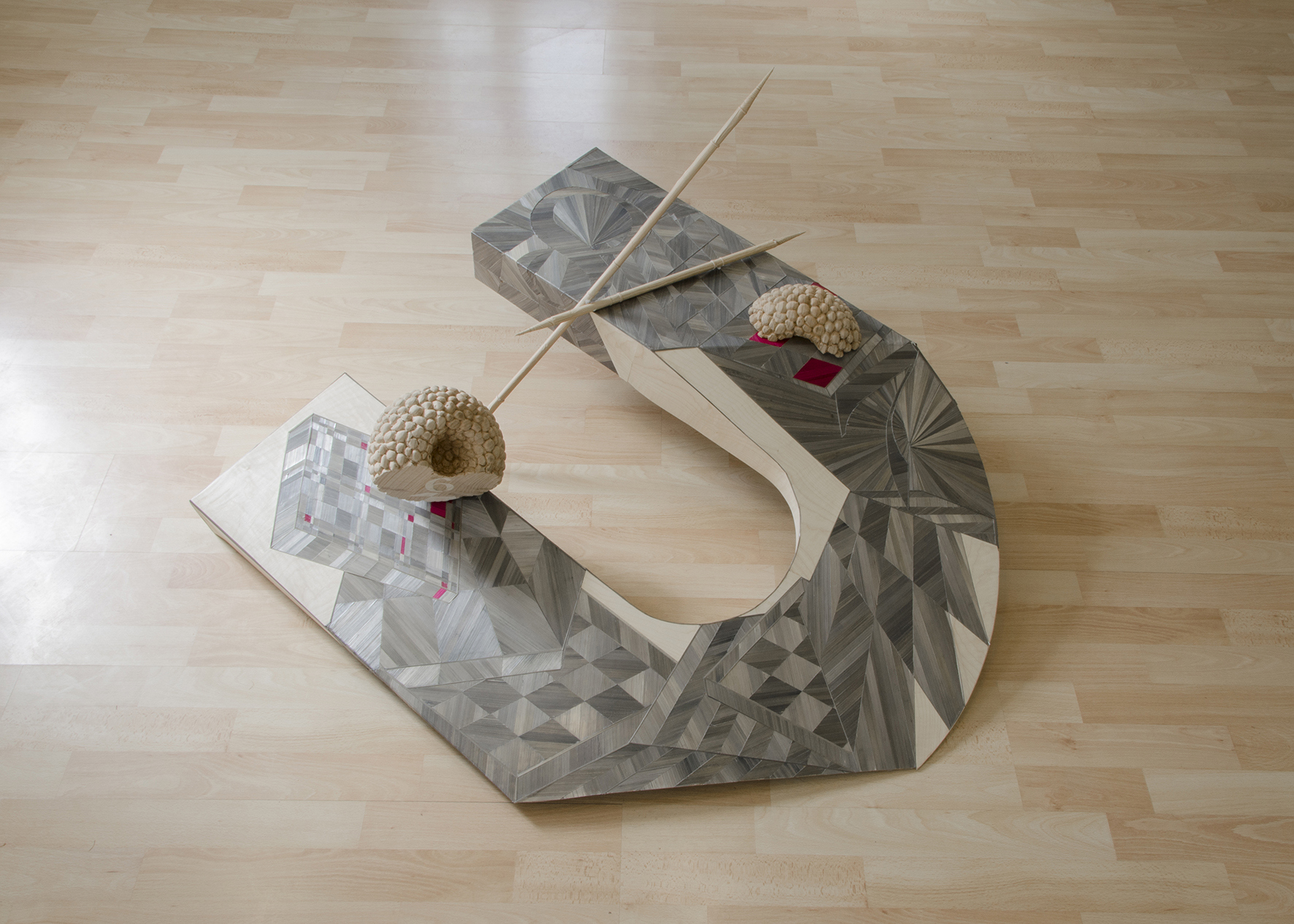 Anna Christen, As Long As It’s Polite,  2026, Wood, Rye straw, Printed paper