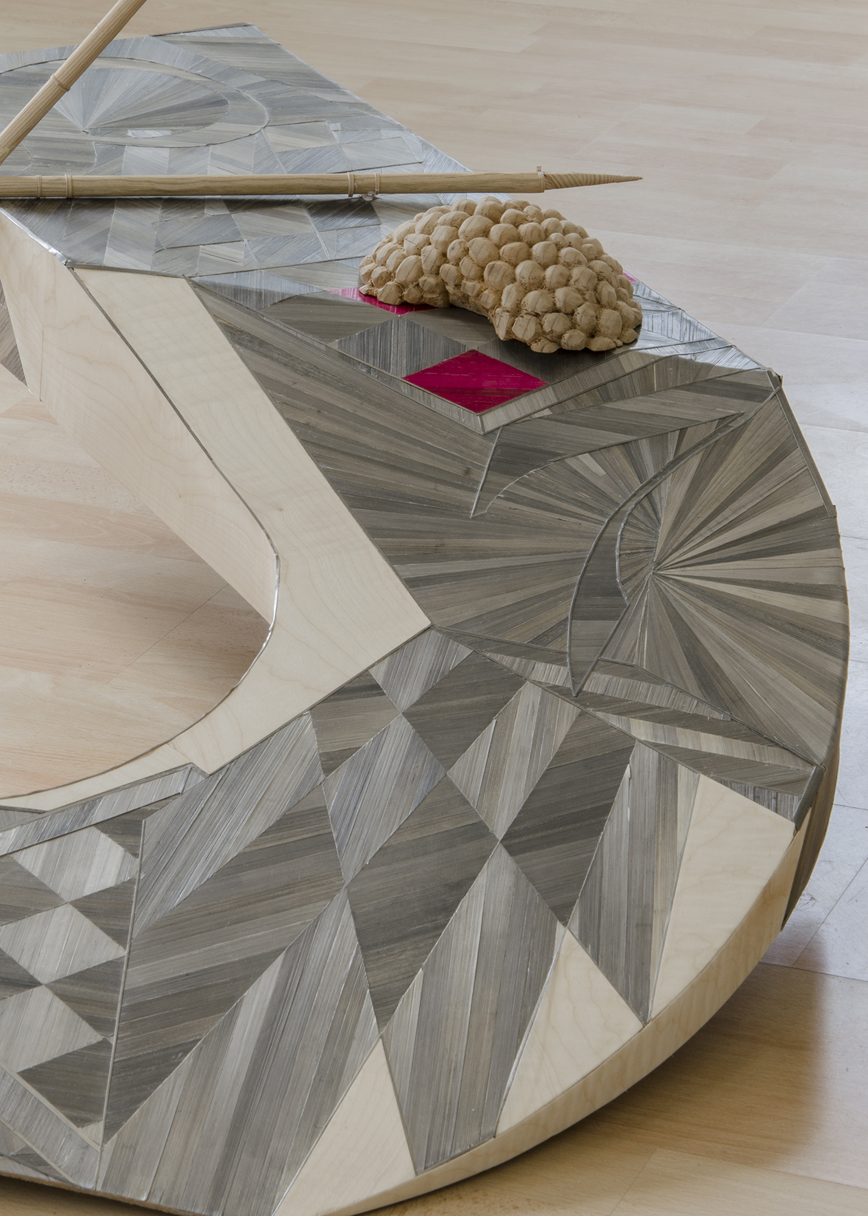 Anna Christen, As Long As It’s Polite,  2026, Wood, Rye straw, Printed paper