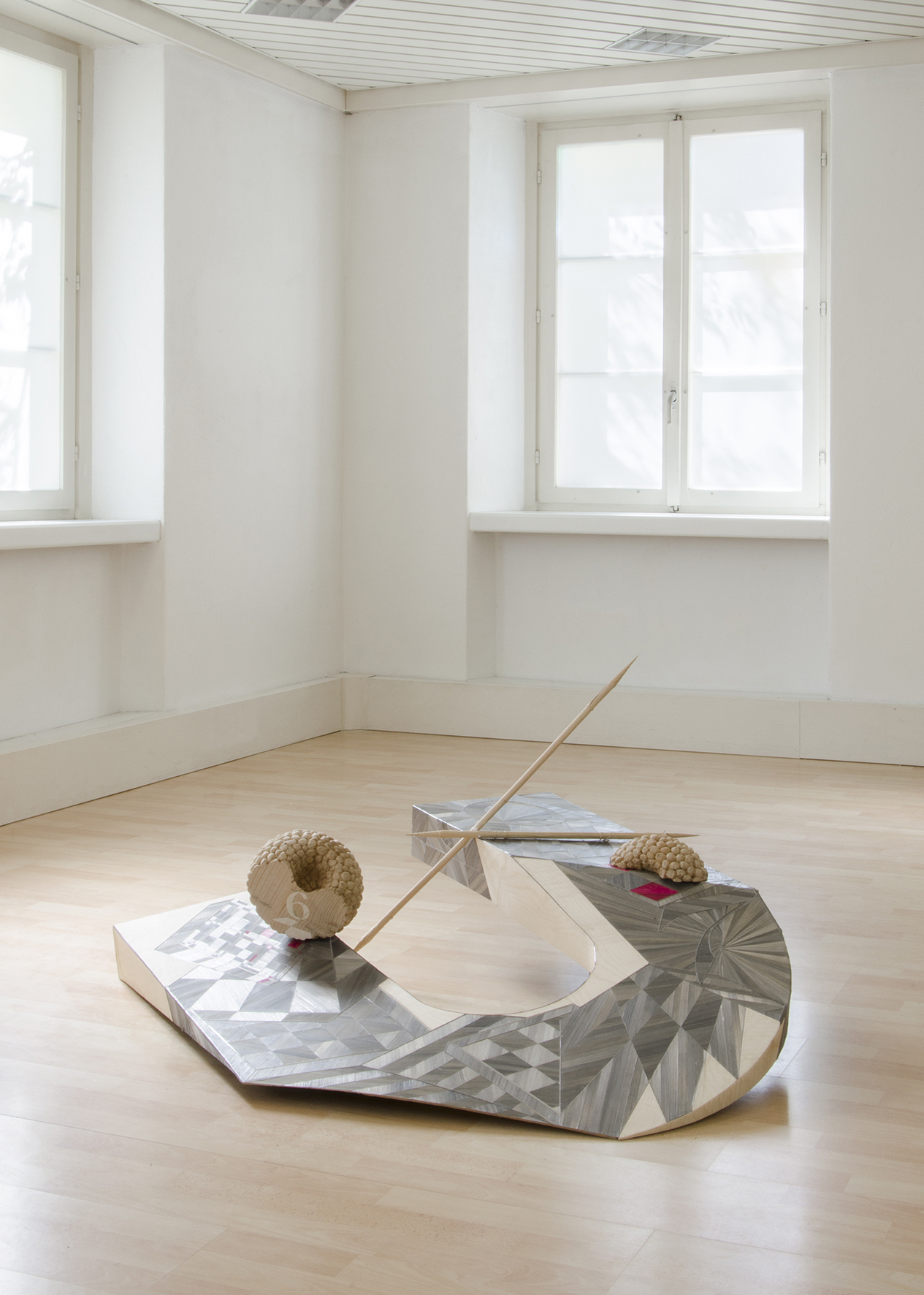 Anna Christen, As Long As It’s Polite,  2026, Wood, Rye straw, Printed paper