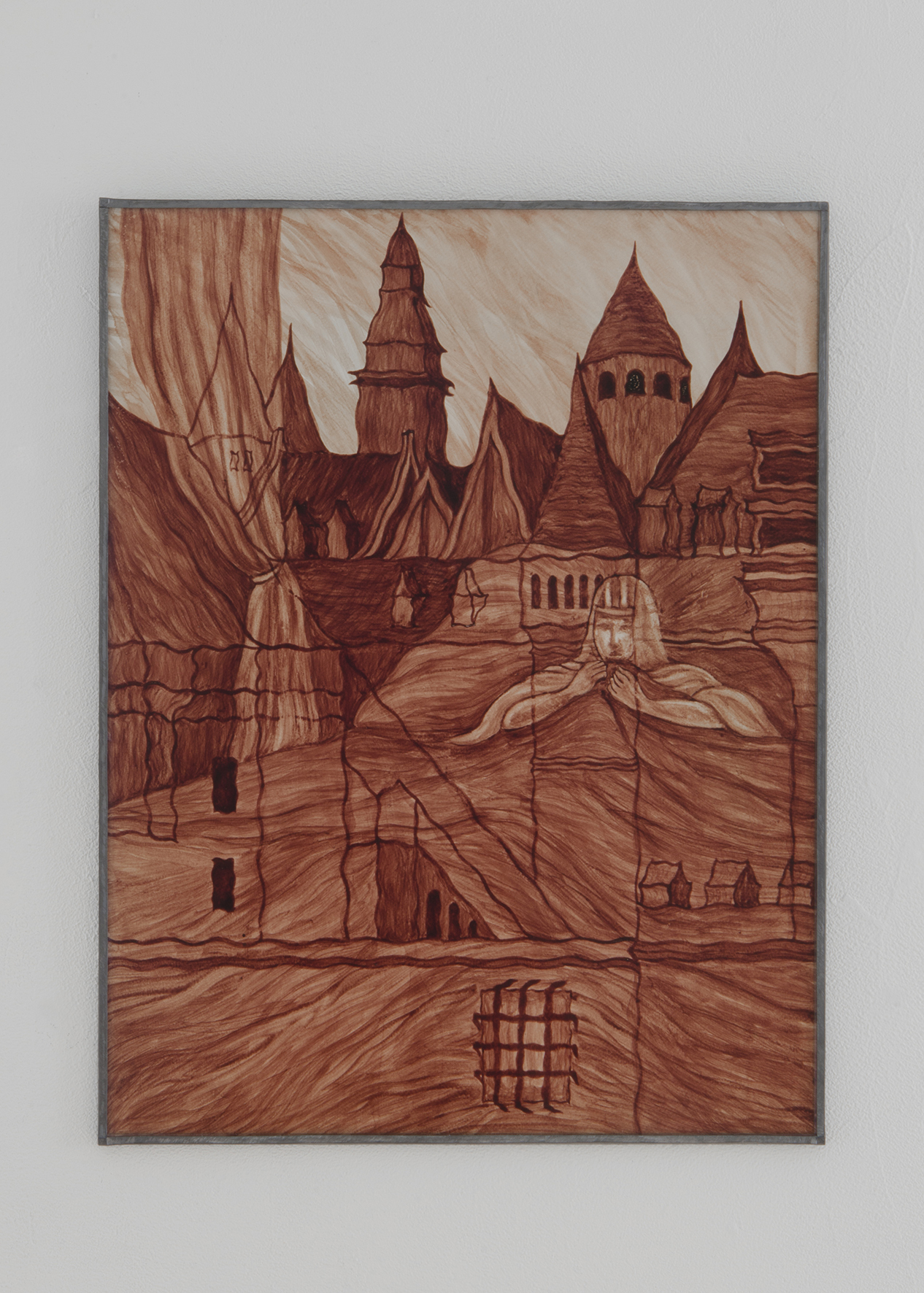 Alison Flora, Le vent des songes, 2023, Human blood on paper, lead frame