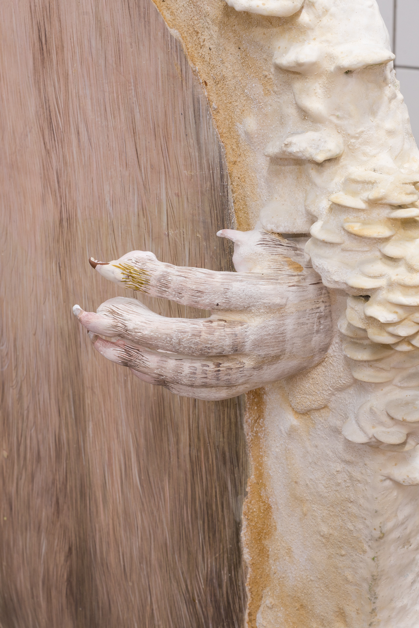 Alma Heikkilä: mouse hand and belly, 2025, plaster, polyester, inks and pigments, styrofoam, resin, 100 x 47 x 42 cm