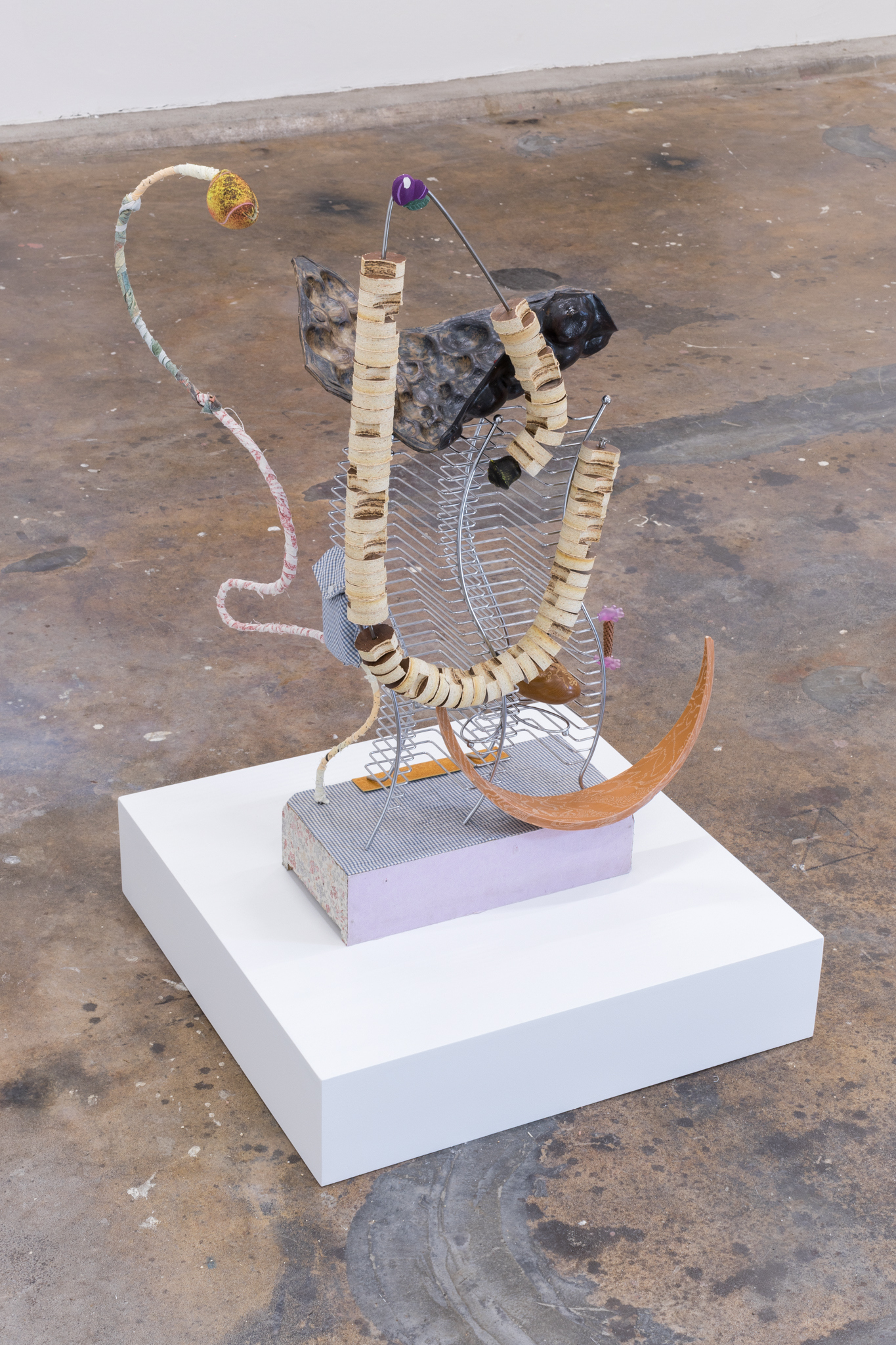 dylan ray arnold: Anabolic spell, 2026, glazed stoneware, rowan berries, cd-tower, chipboard, steel rods, shirt-pocket, wooden box & mango, flower & toy-hands, tennis-ball, linoleum, fridge-magnet, steel-trivet, plastic tube sickle, 96 x 47 x 65cm