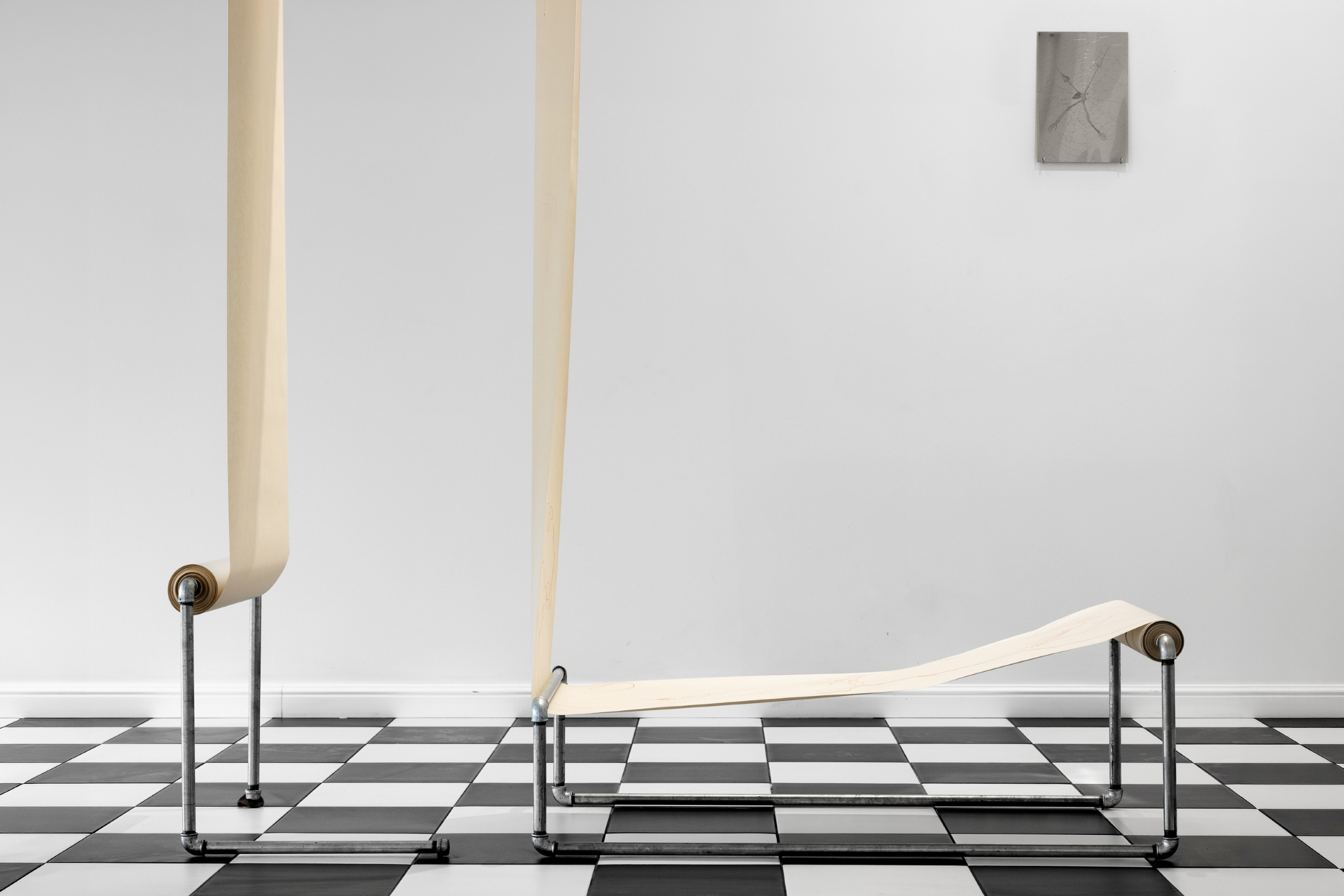 Weronika Kocewiak, „THE WRINGER”, 2021 – 2026, drawing installation, galvanized steel, ceramics, 320 x 190 x 54 cm, Konrad Gubała, „Clock machine”, 2026, engraving and varnish on stainless steel, 21 x 30 cm