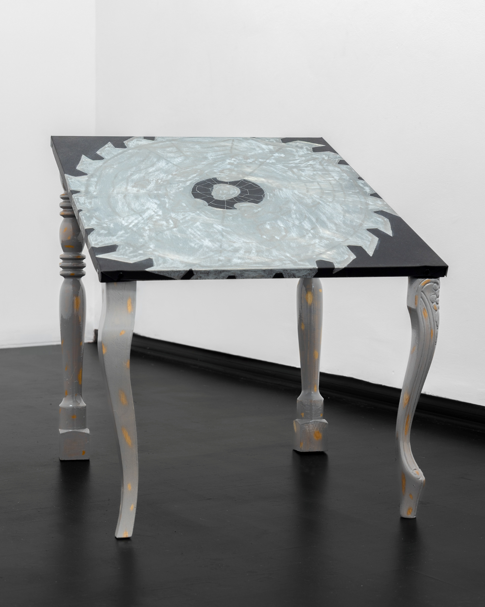Konrad Gubała, „Little table set yourself... and cover your ears”, 2026, painting polished with polishing paste on sheet metal mounted on a stretcher frame, wood, varnish, 60 x 80 x 75 cm