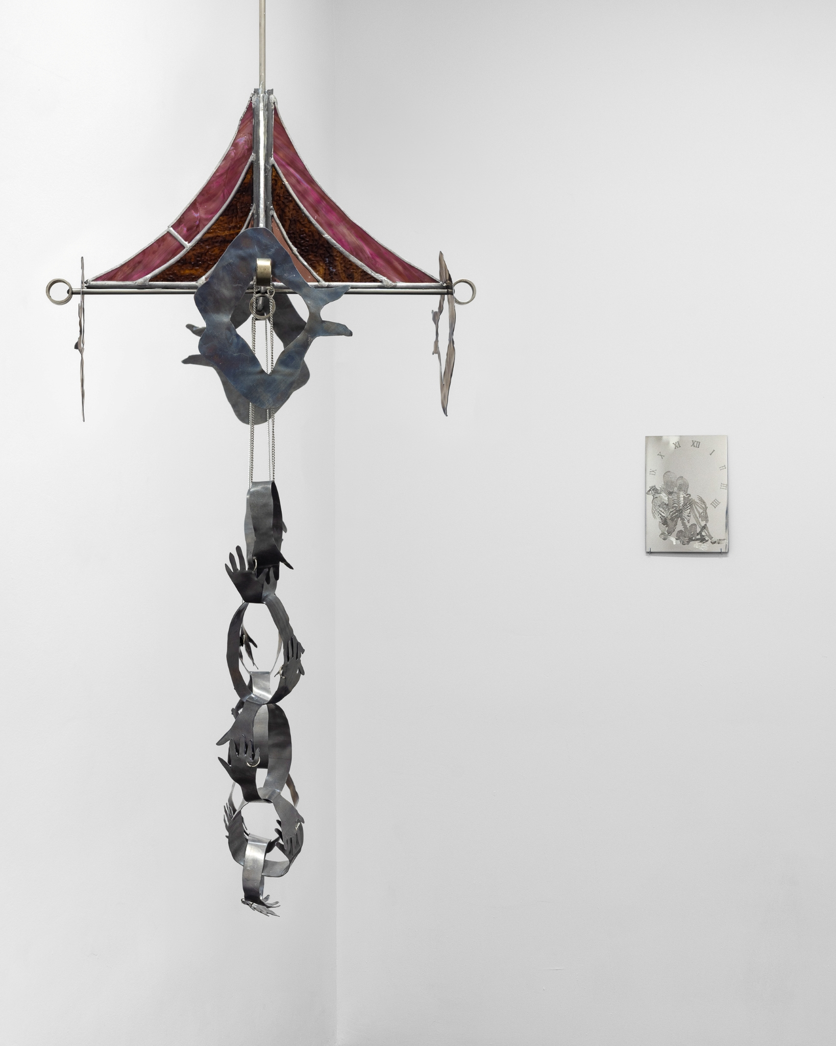 Martyna Kielesińska, Little Mobile, 2026, metal, glass, 30 x 30 x 70 cm, Konrad Gubała, „Saints Losers”, 2026, engraving and varnish on stainless steel, 21 x 30 cm