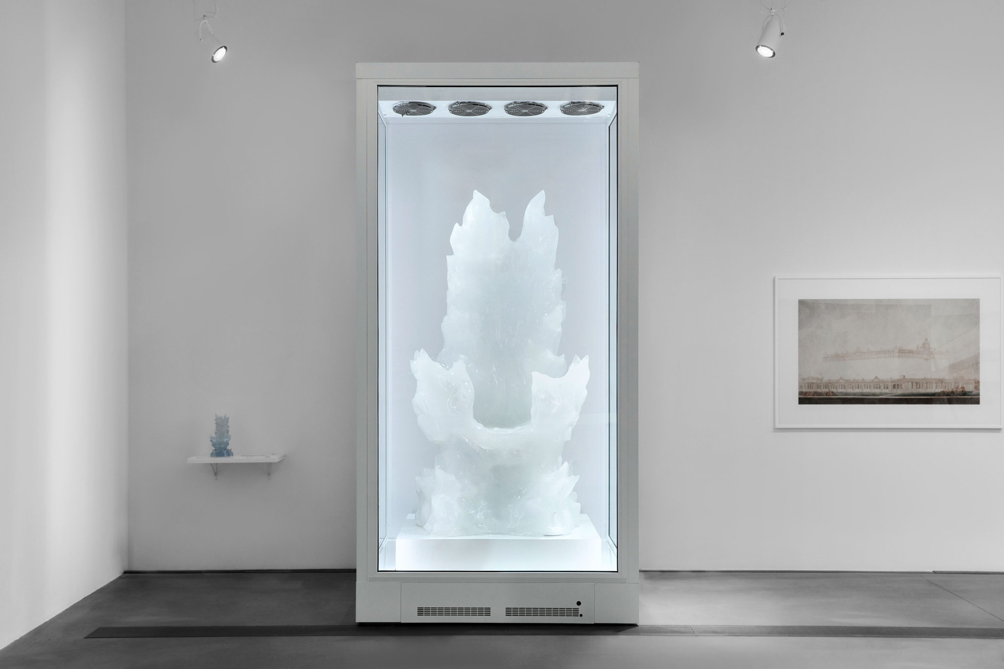 Daria Arbuzova, Frozen Throne, 2026. 3D printing, PETG plastic, ice, refrigeration equipment.