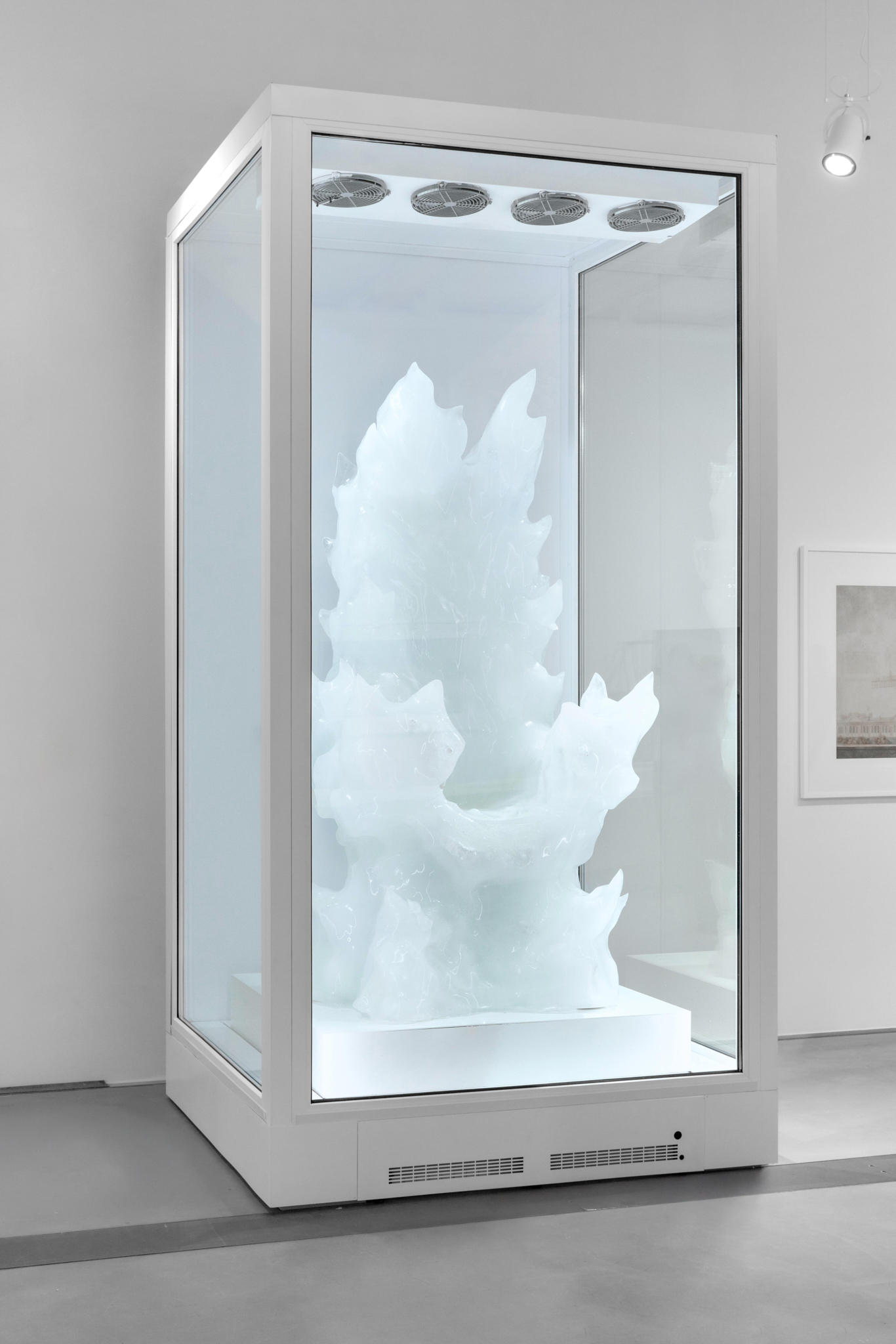 Daria Arbuzova, Frozen Throne, 2026. 3D printing, PETG plastic, ice, refrigeration equipment.