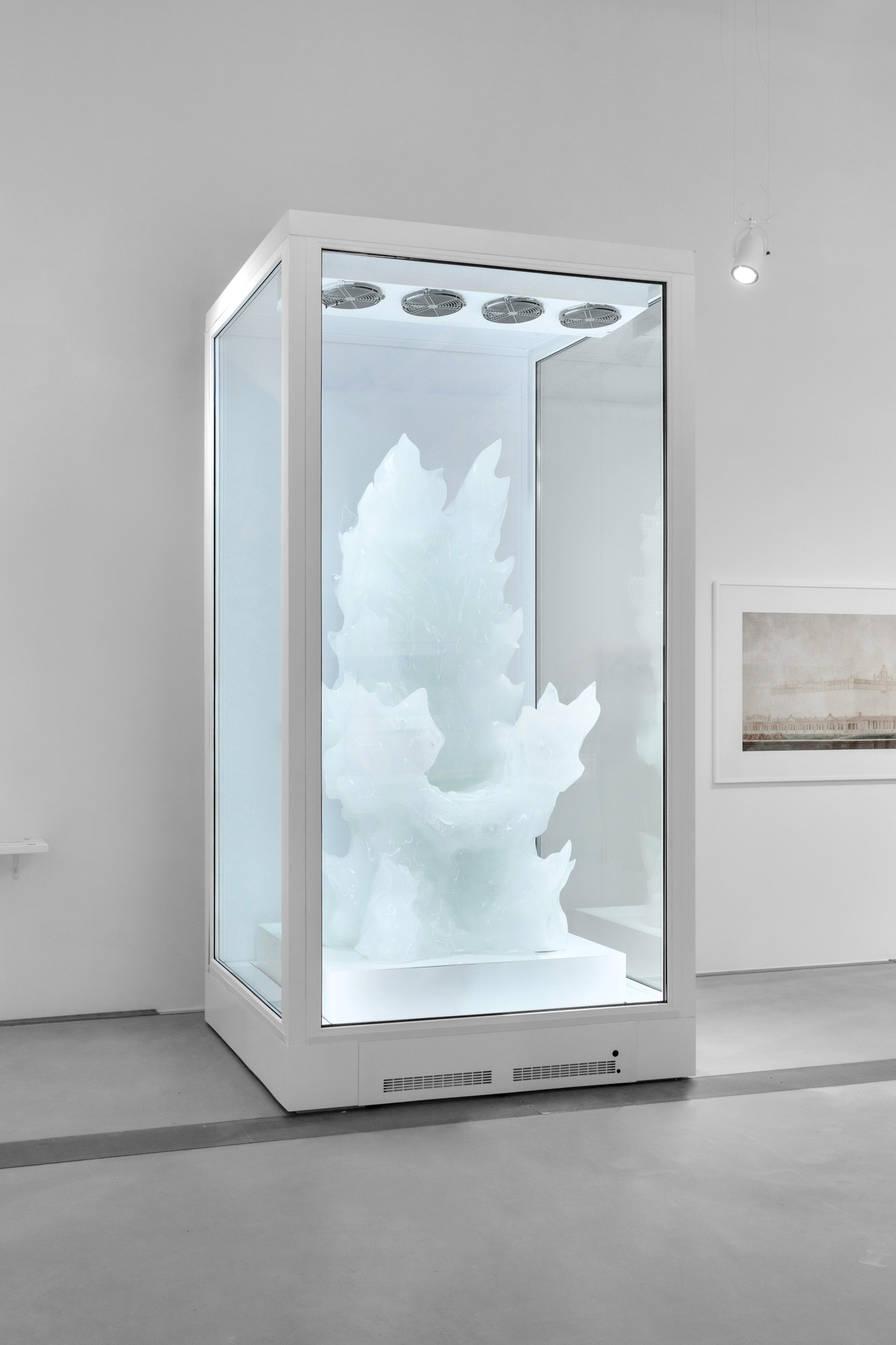 Daria Arbuzova, Frozen Throne, 2026. 3D printing, PETG plastic, ice, refrigeration equipment.