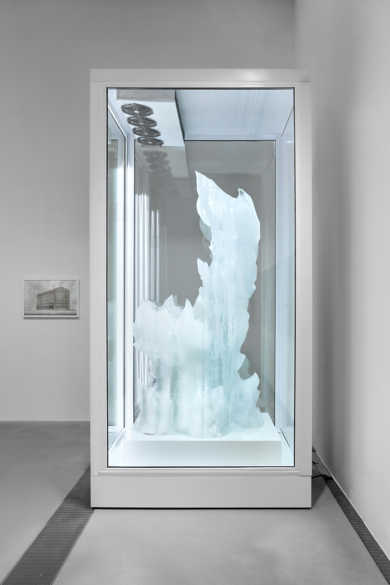 Daria Arbuzova, Frozen Throne, 2026. 3D printing, PETG plastic, ice, refrigeration equipment.