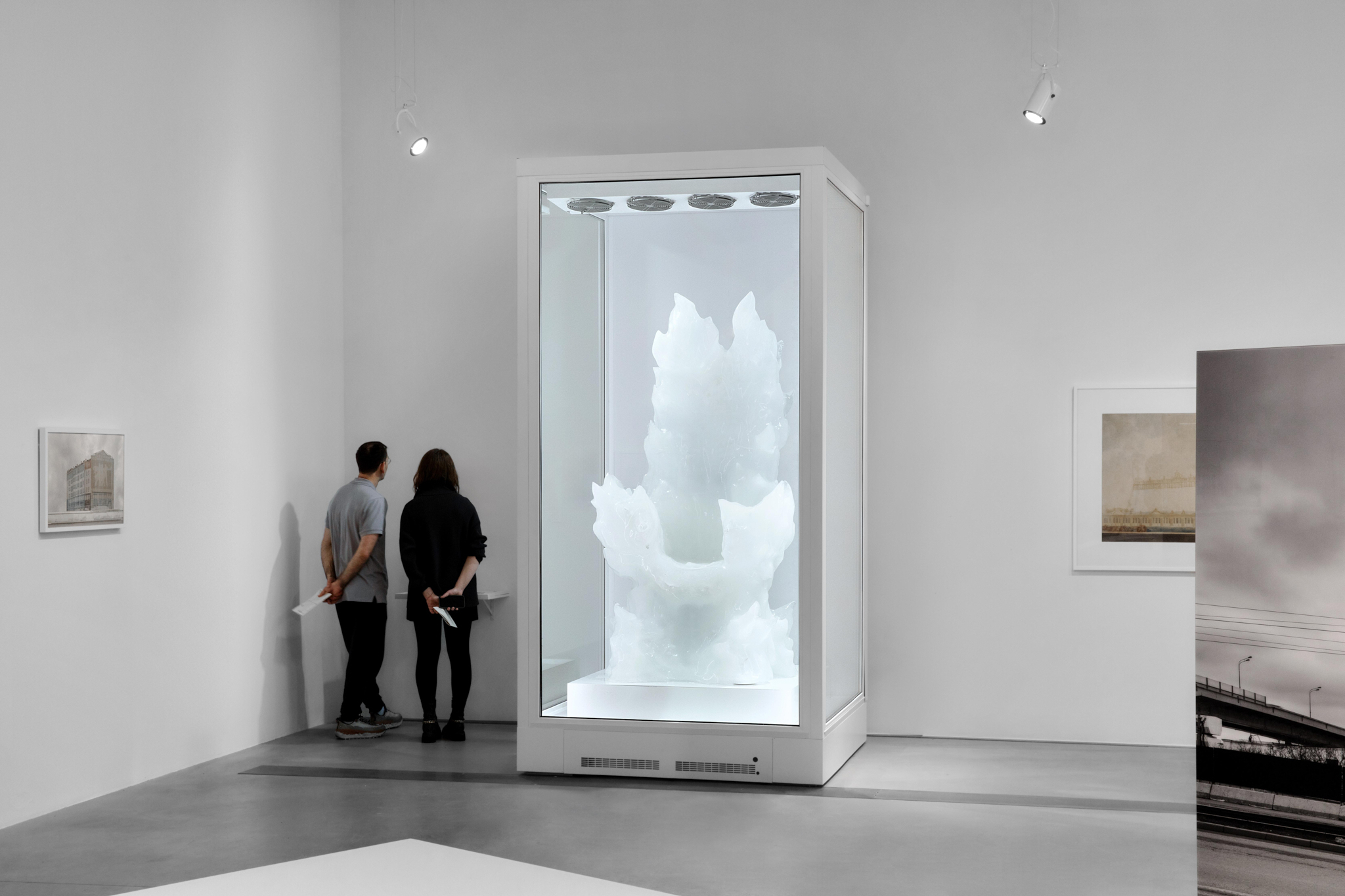 Daria Arbuzova, Frozen Throne, 2026. 3D printing, PETG plastic, ice, refrigeration equipment.