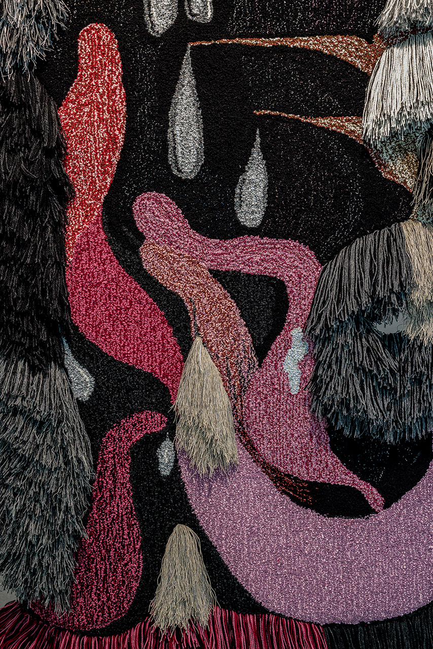 Tongues Drinking Fog, 2026 (detail). Tufting and rya technique. Wool, cotton, acrylic