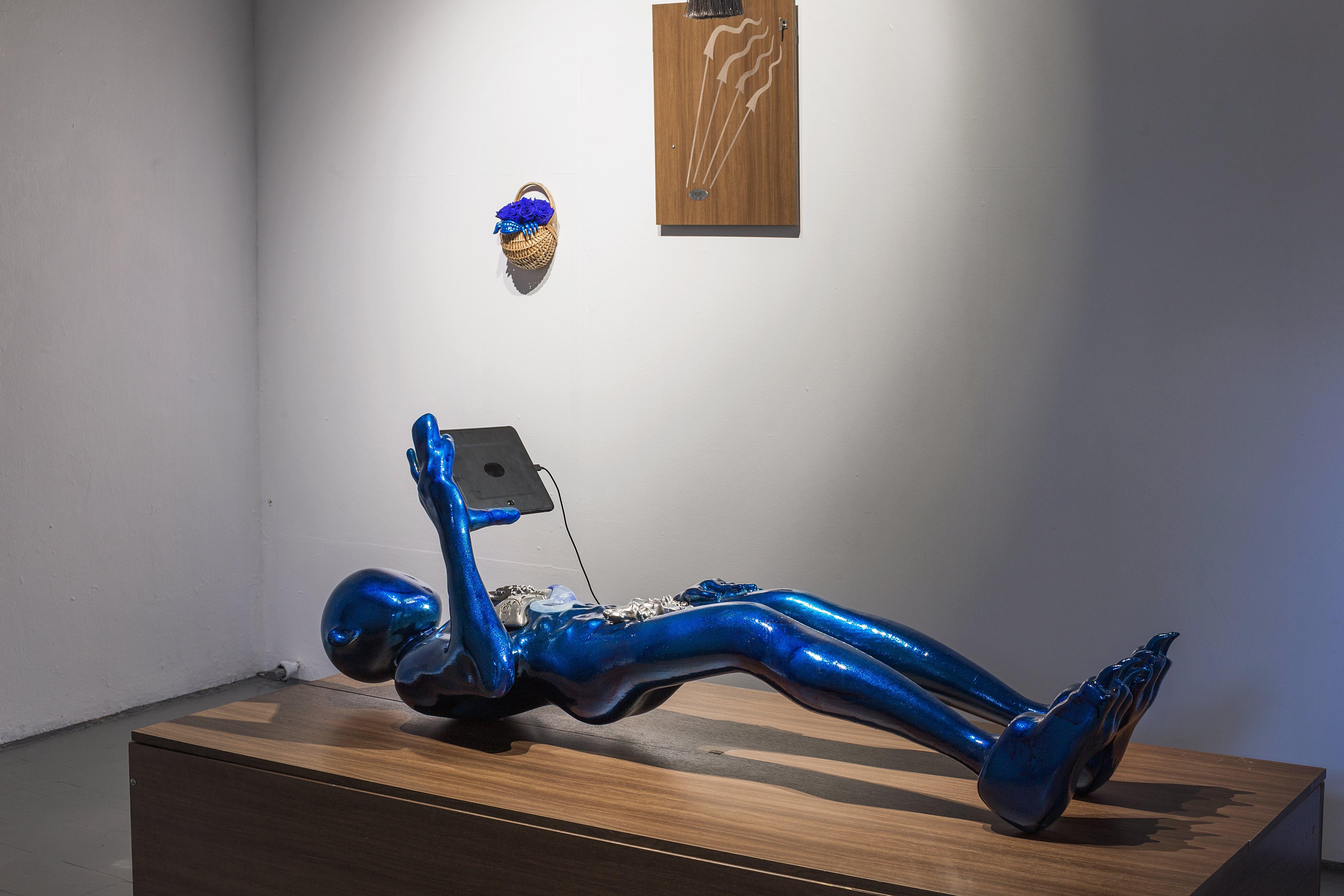 Darja Popolitova, Rich on the Inside, 2026. Installation (sectional cabinet, polylactide, steel, chrome, silver, fake diamonds, jewelry, basket, preserved roses, laser engraving, HD video).