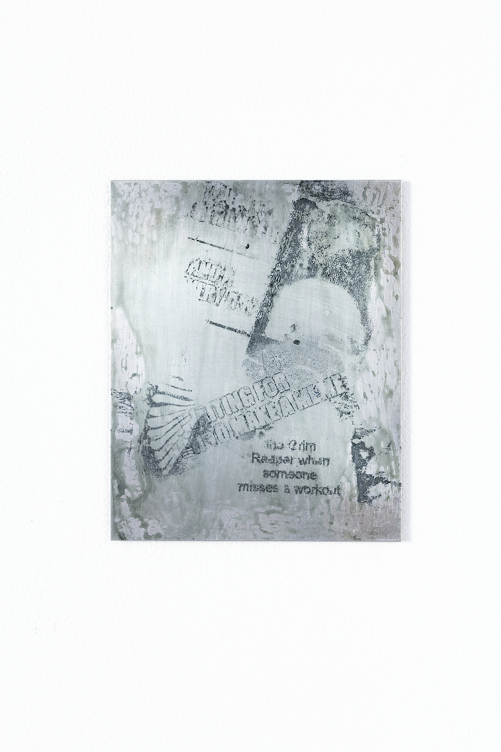 ﻿The Death of Sincerity (proof), nitro transfer, cyanotype on metal sheet,  21 × 17 cm, 2025