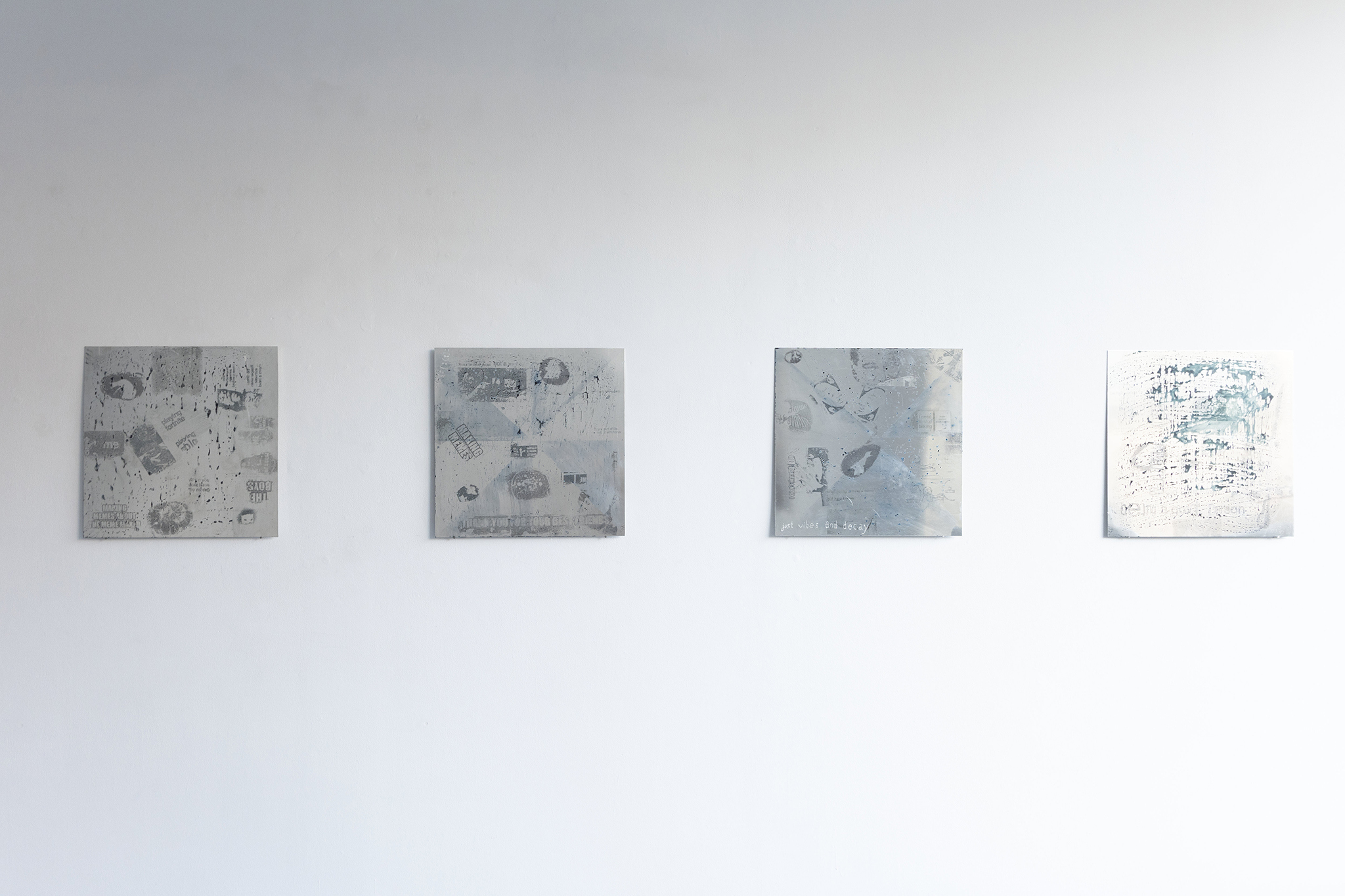 The Death of Sincerity, nitro transfer, cyanotype and engravings on 4 metal plates,  50 x 50 cm each, 2025