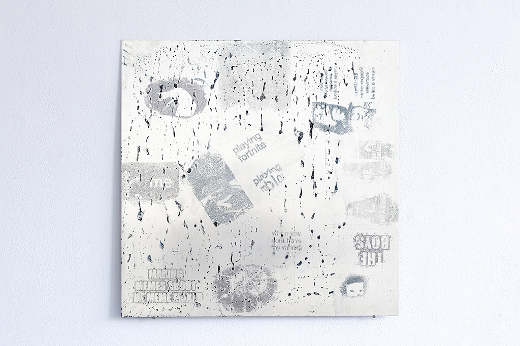 The Death of Sincerity, nitro transfer, cyanotype and engravings on 4 metal plates,  50 x 50 cm each, 2025