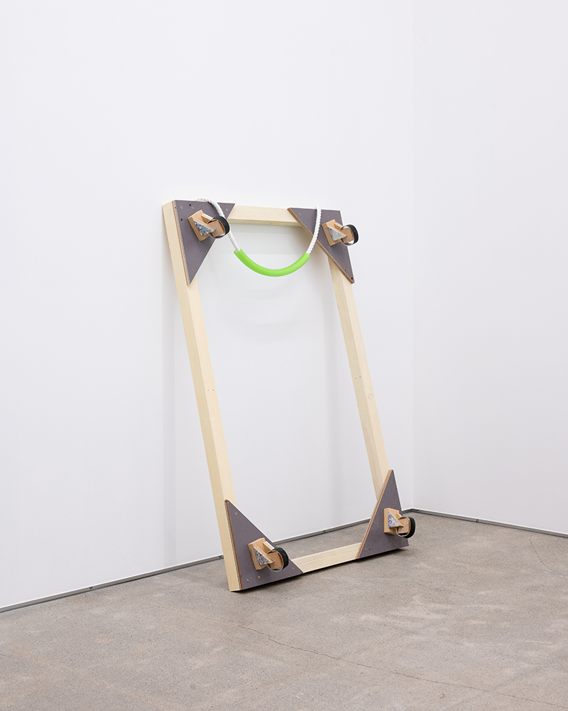 Maoya Kishi, Before Moving, 2026, timber, plywood, hose, rope, canvas, acrylic, 91.5 x 60 x 12.4 cm