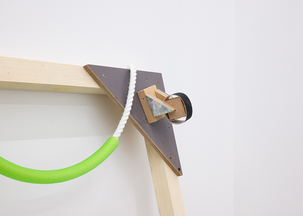 Maoya Kishi, Before Moving, 2026, timber, plywood, hose, rope, canvas, acrylic, 91.5 x 60 x 12.4 cm
