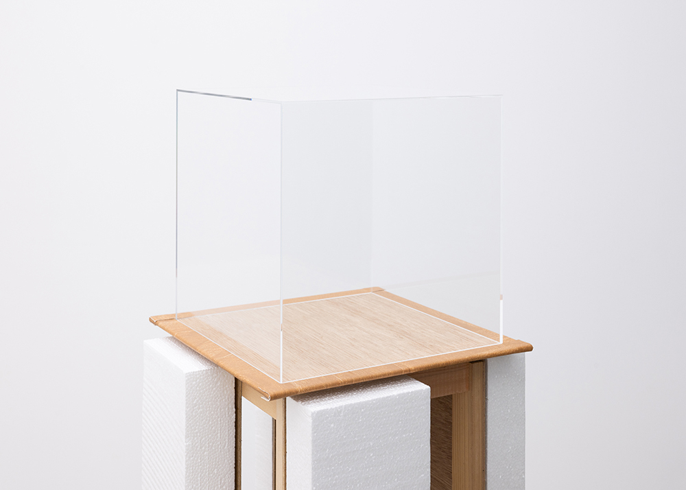 Maoya Kishi, Object(Replaced), 2026, polystyrene foam, timber, plywood, acrylic case, canvas, acrylic, 124.5 x 40 x 40 cm
