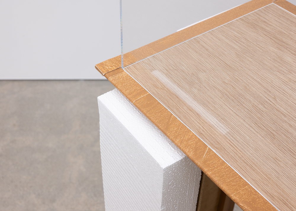 Maoya Kishi, Object(Replaced), 2026, polystyrene foam, timber, plywood, acrylic case, canvas, acrylic, 124.5 x 40 x 40 cm